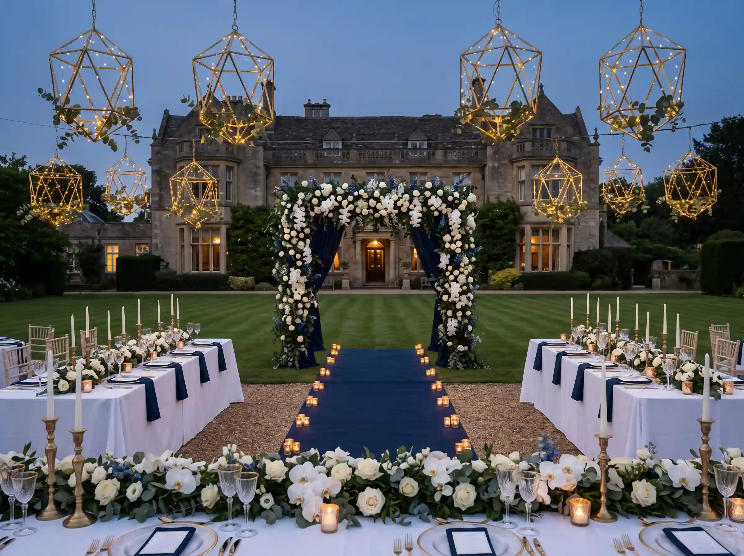 Elegant estate wedding at dusk with navy blue aisle runner and gold geometric hanging lanterns