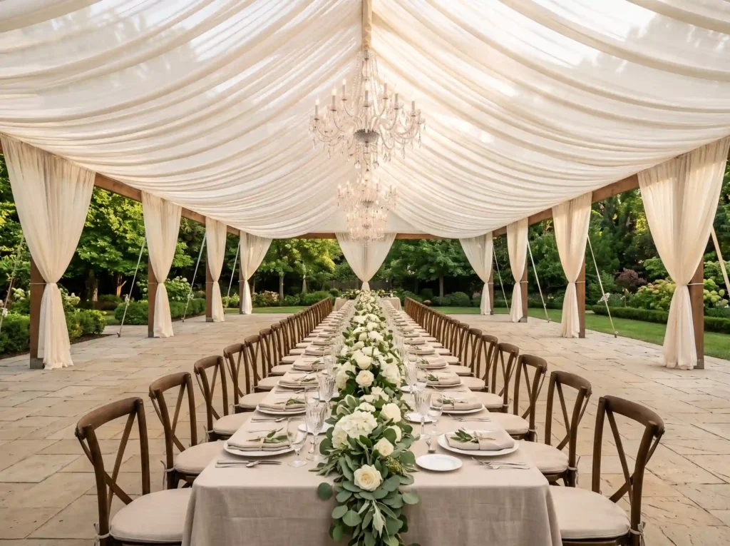 Airy Canopy Banquet Inspiration Inspired by eleg Canopy banquet in backyard K