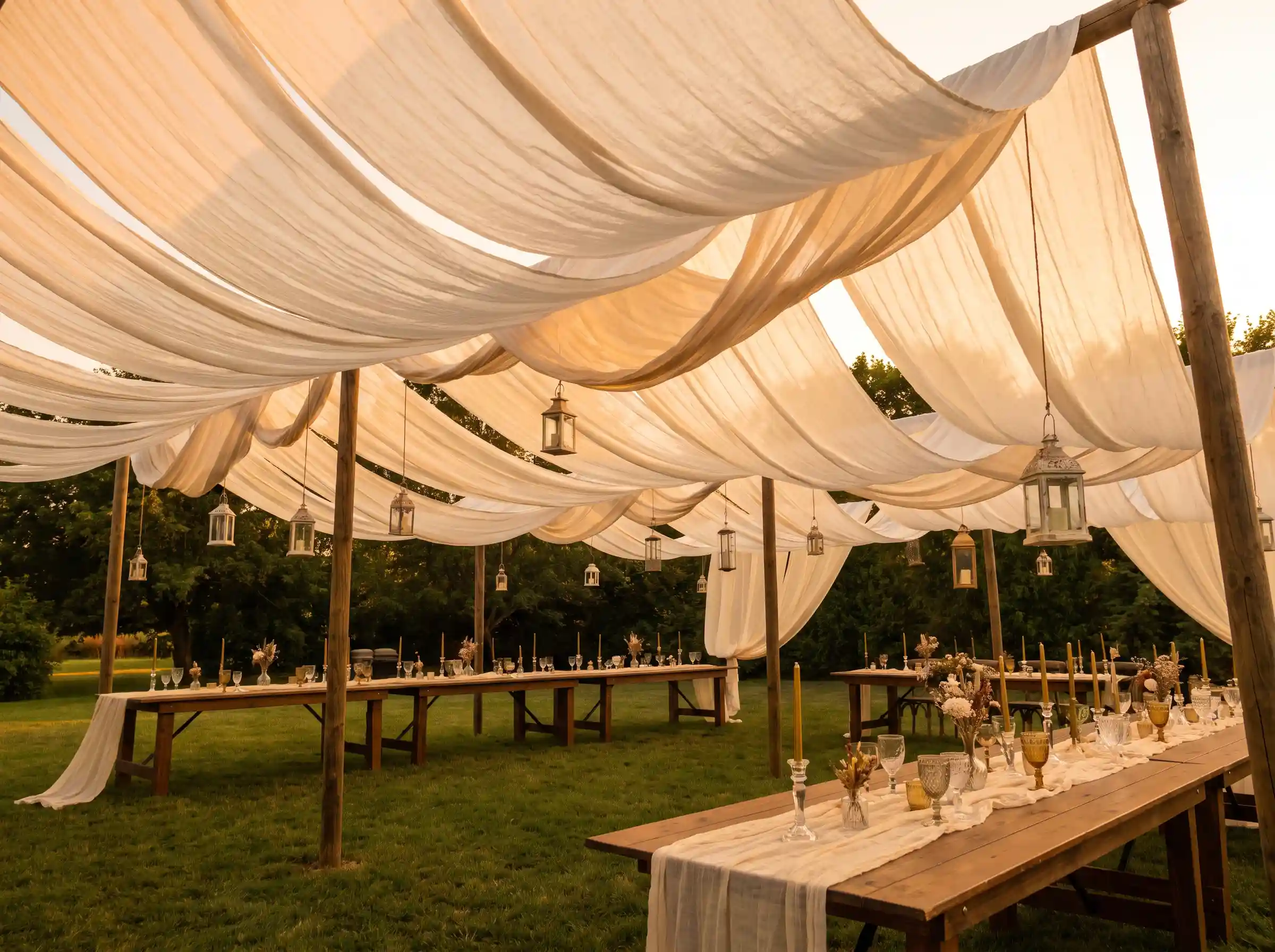 Billowing ivory cotton voile drape canopy over outdoor wedding reception farm tables with gold candles