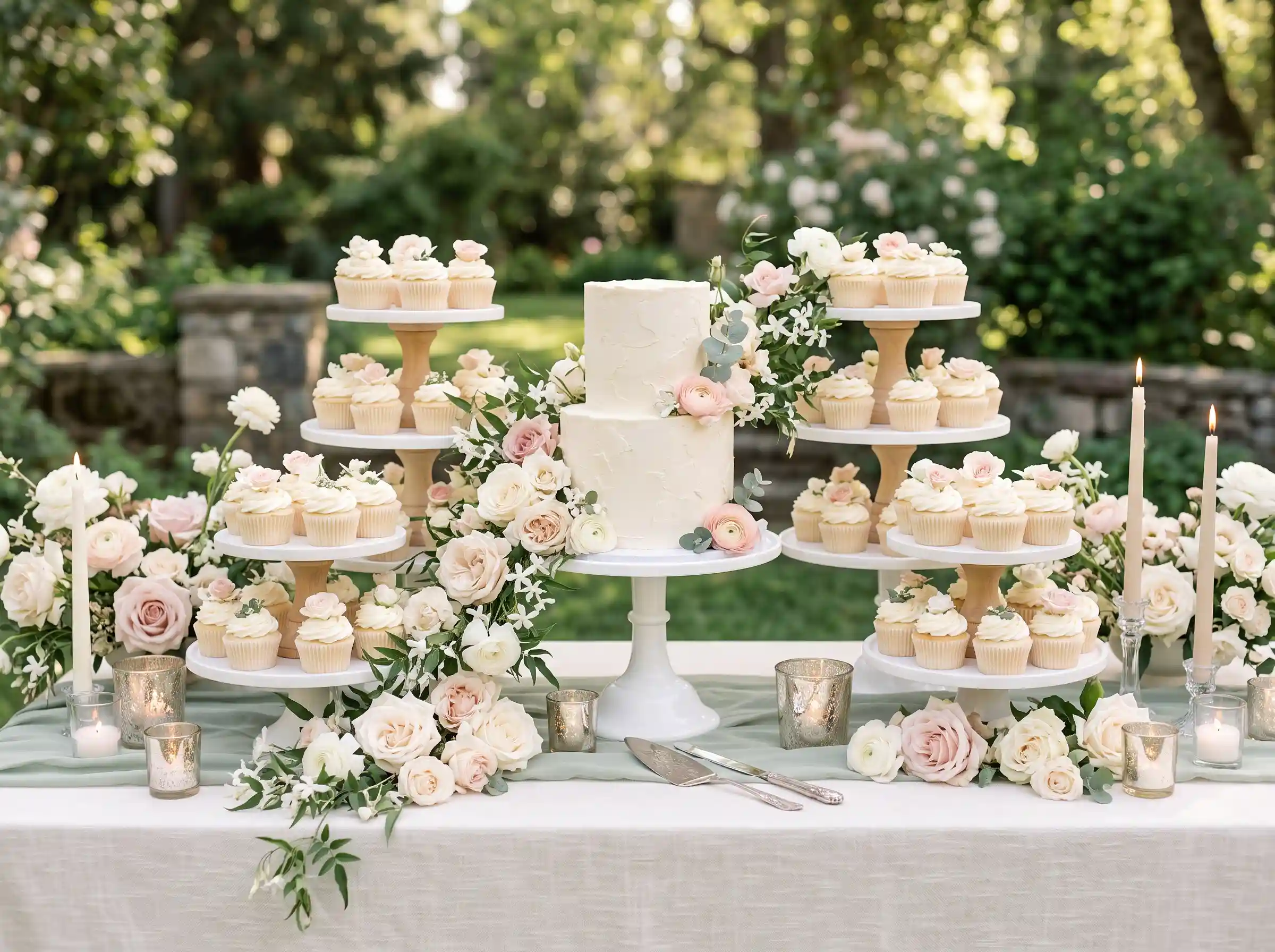 Garden-inspired small wedding cake and cupcake tower with fresh blooming flowers and greenery