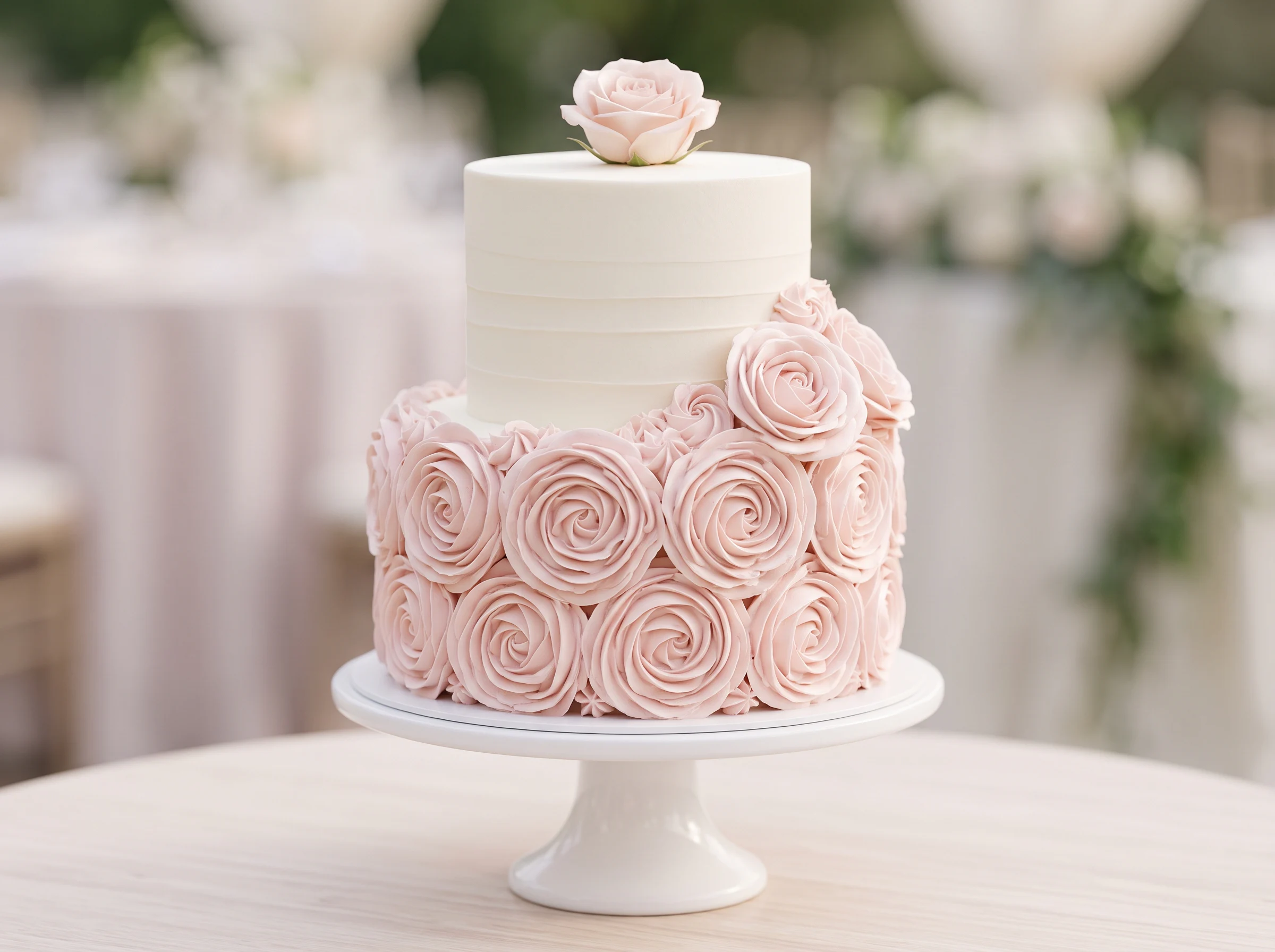 Elegant blush pink two-tier wedding cake covered in delicate piped buttercream rosette swirls