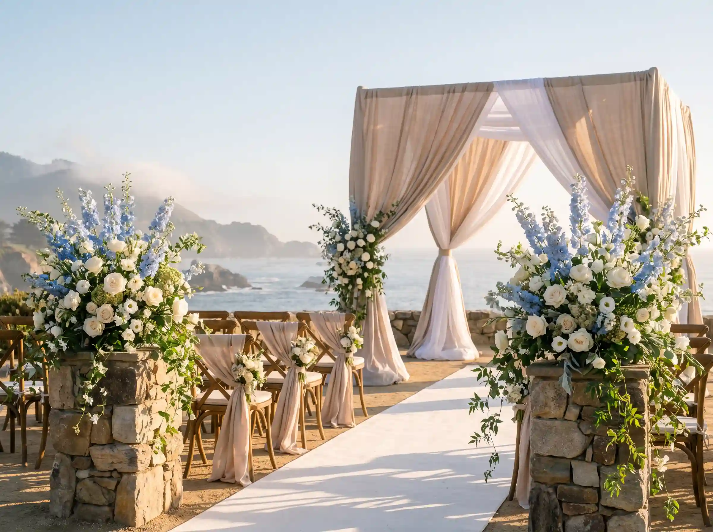 Towering blue delphinium floral installation at a coastal wedding ceremony with ivory roses and golden hour lighting