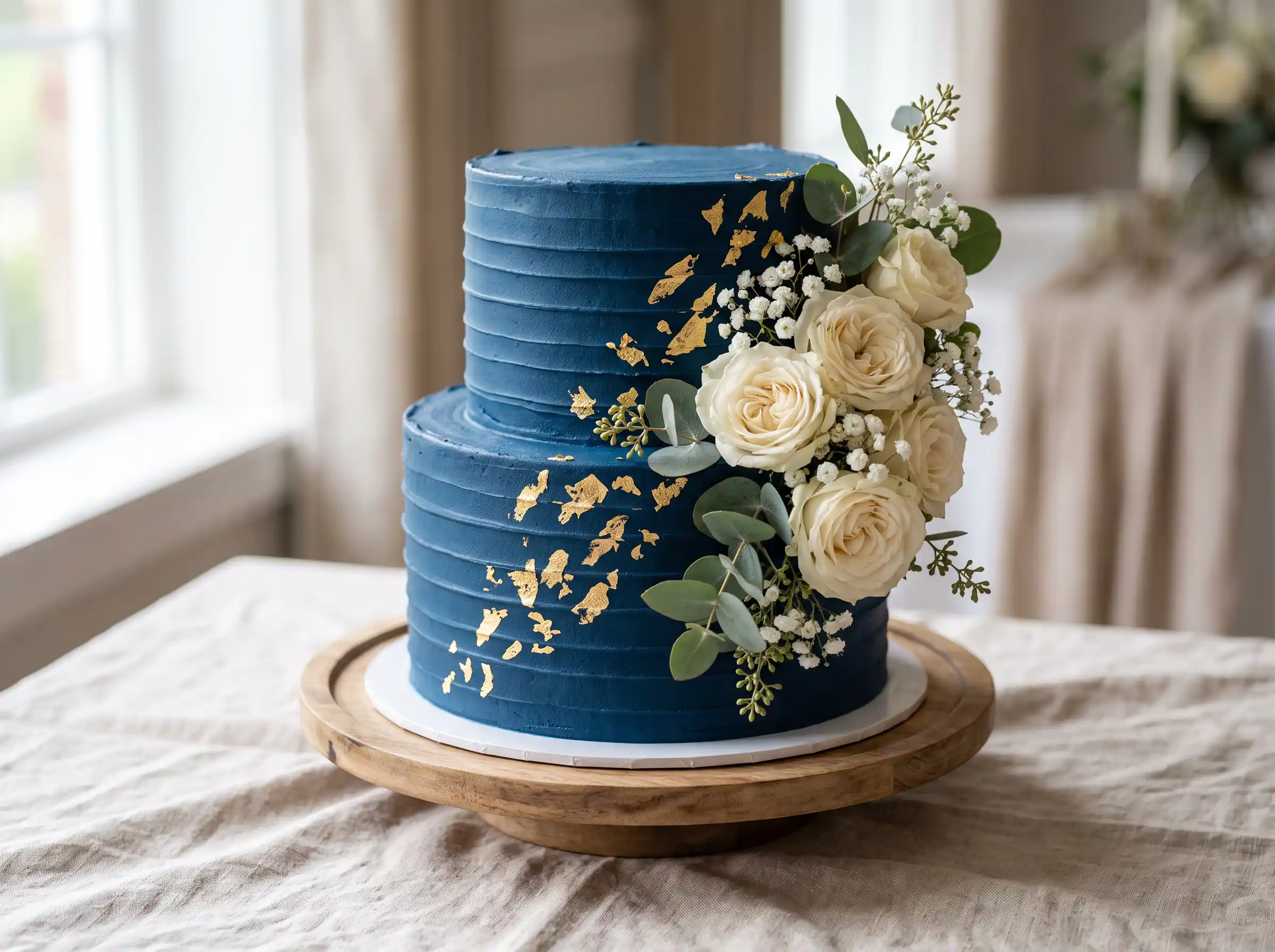 Elegant sapphire blue tiered wedding cake with gold accents and coastal-inspired design