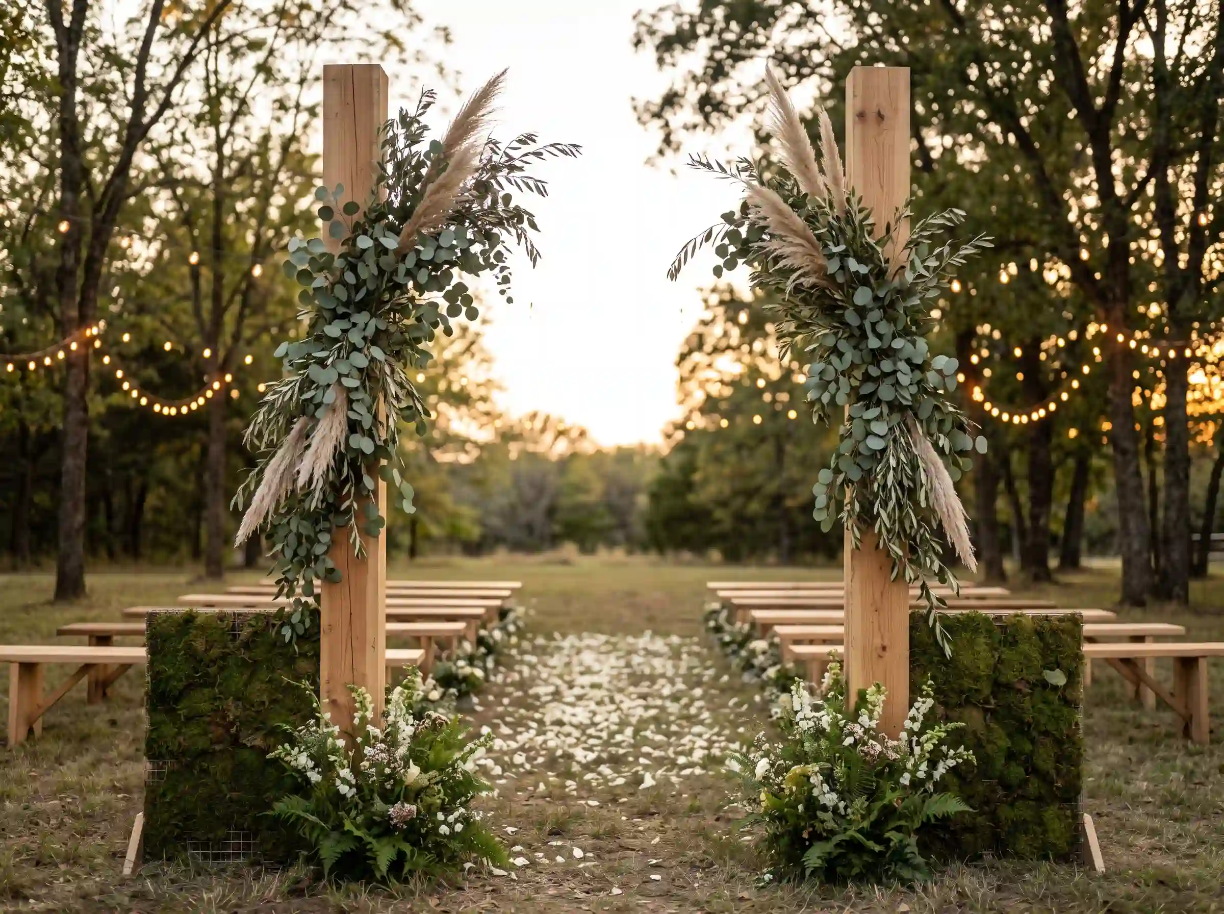 Two freestanding raw timber pillars draped in eucalyptus and pampas grass framing an open ceremony aisle