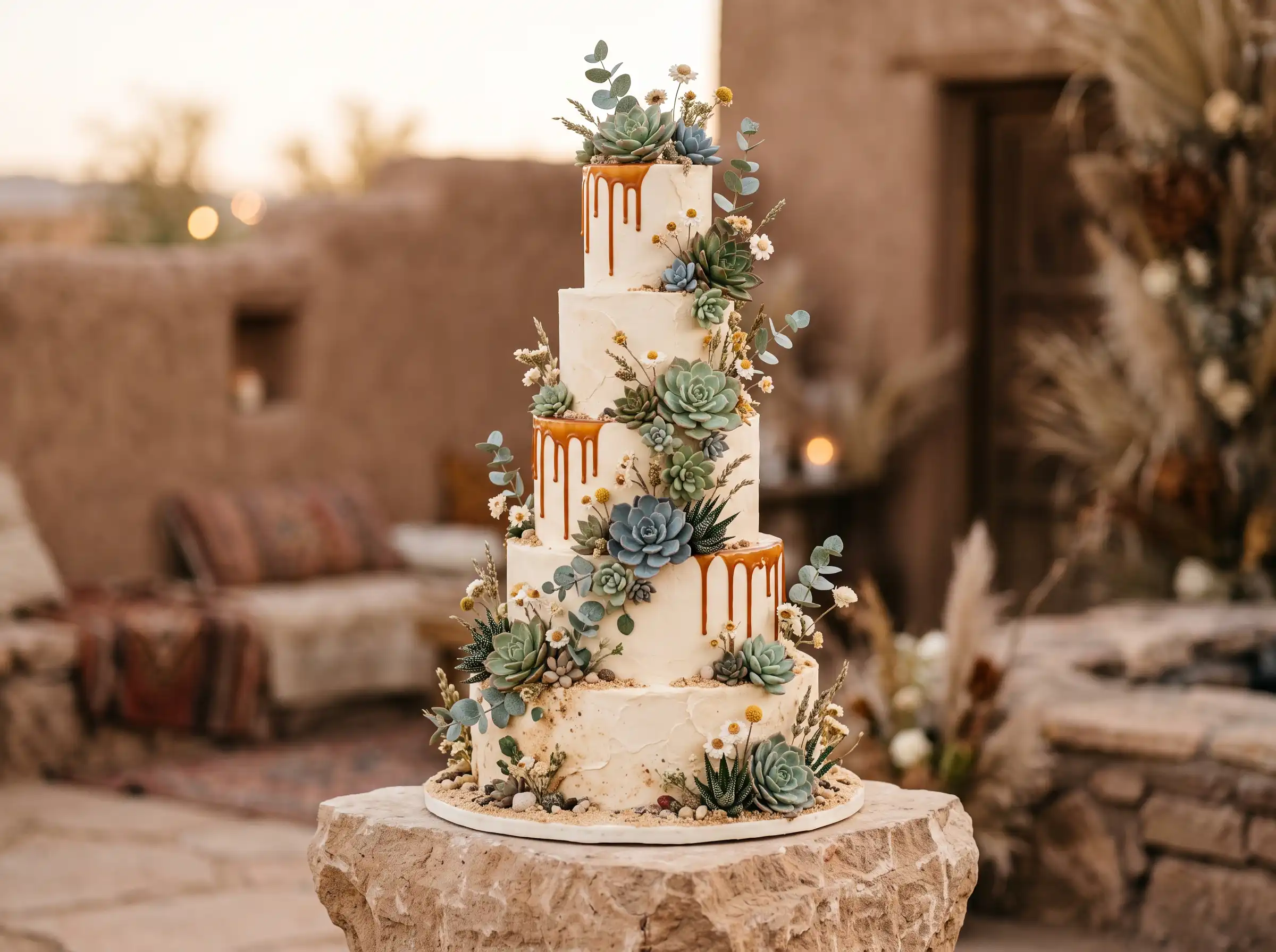 Sculptural desert-inspired wedding cake with sugar succulents and warm caramel drips on sandy fondant