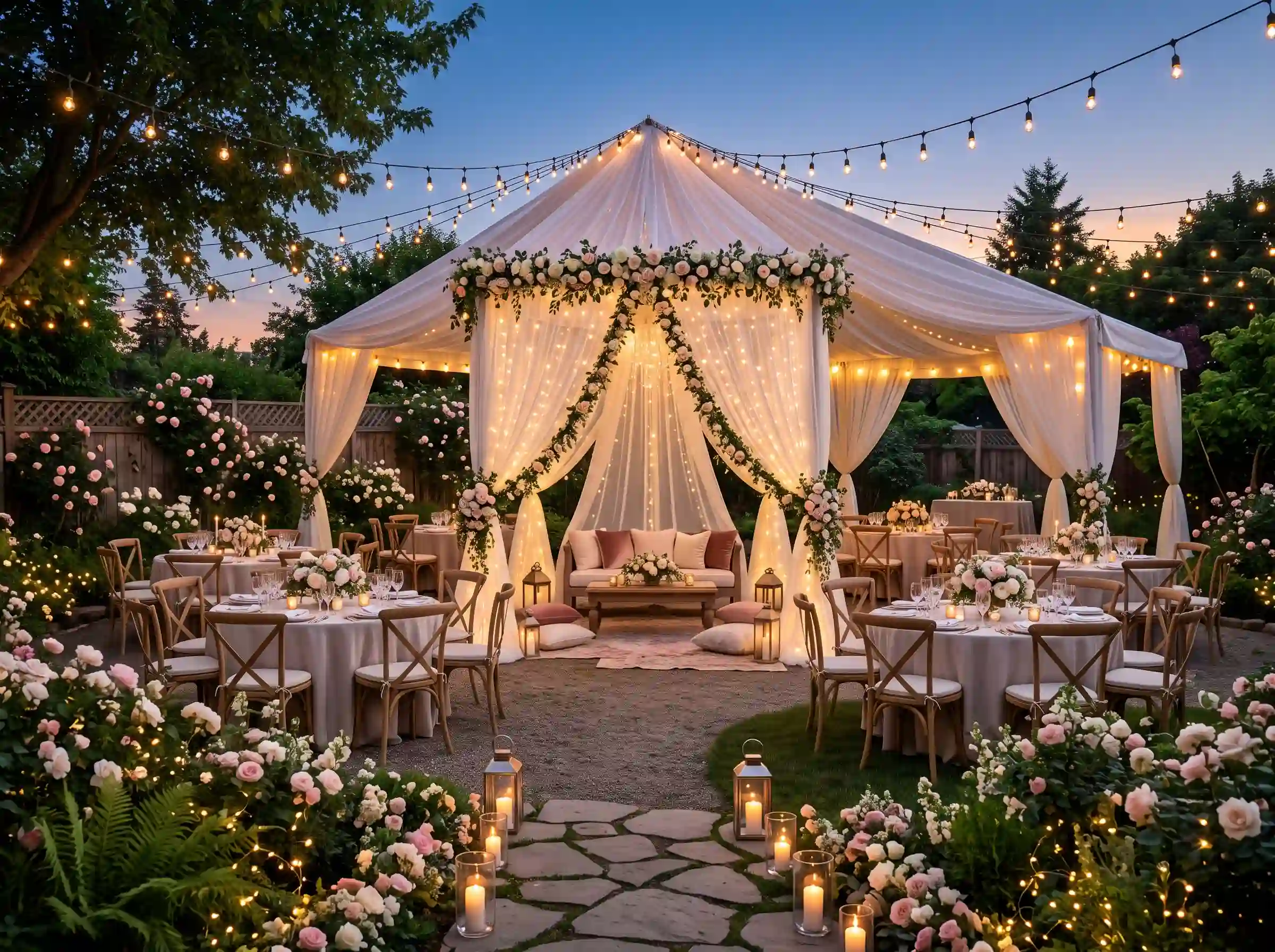 Enchanted garden canopy reception with fairy lights, draped pavilion, and blush rose arrangements at twilight