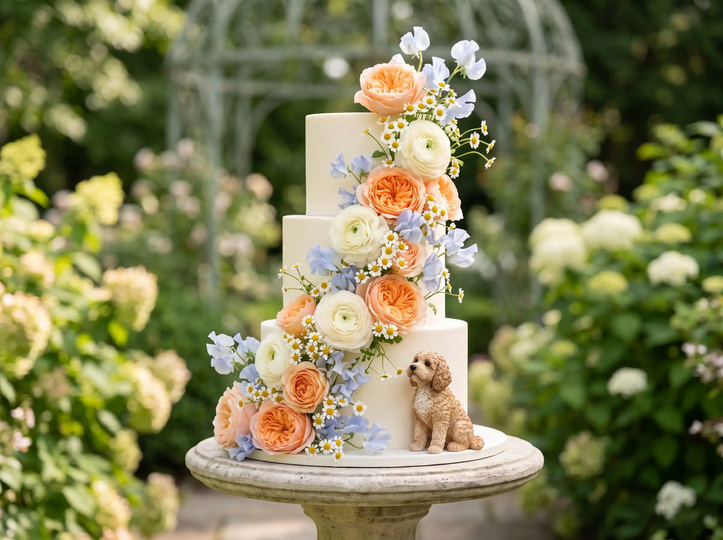 Romantic garden wedding cake with dog figurine topper and soft floral accents