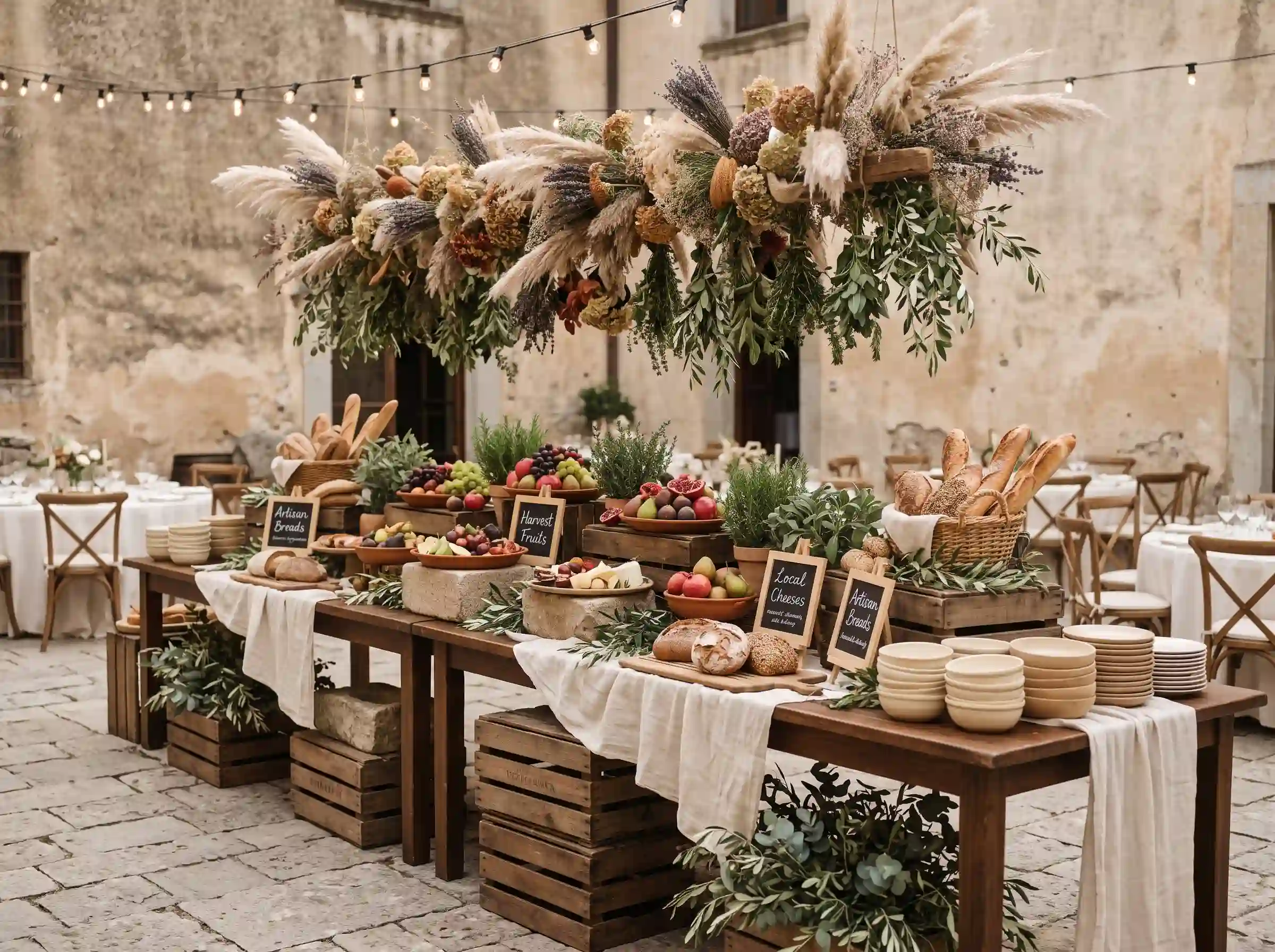 Rustic harvest market wedding food display with wooden crates, artisan breads, fresh fruit, and dried floral arrangements in a courtyard