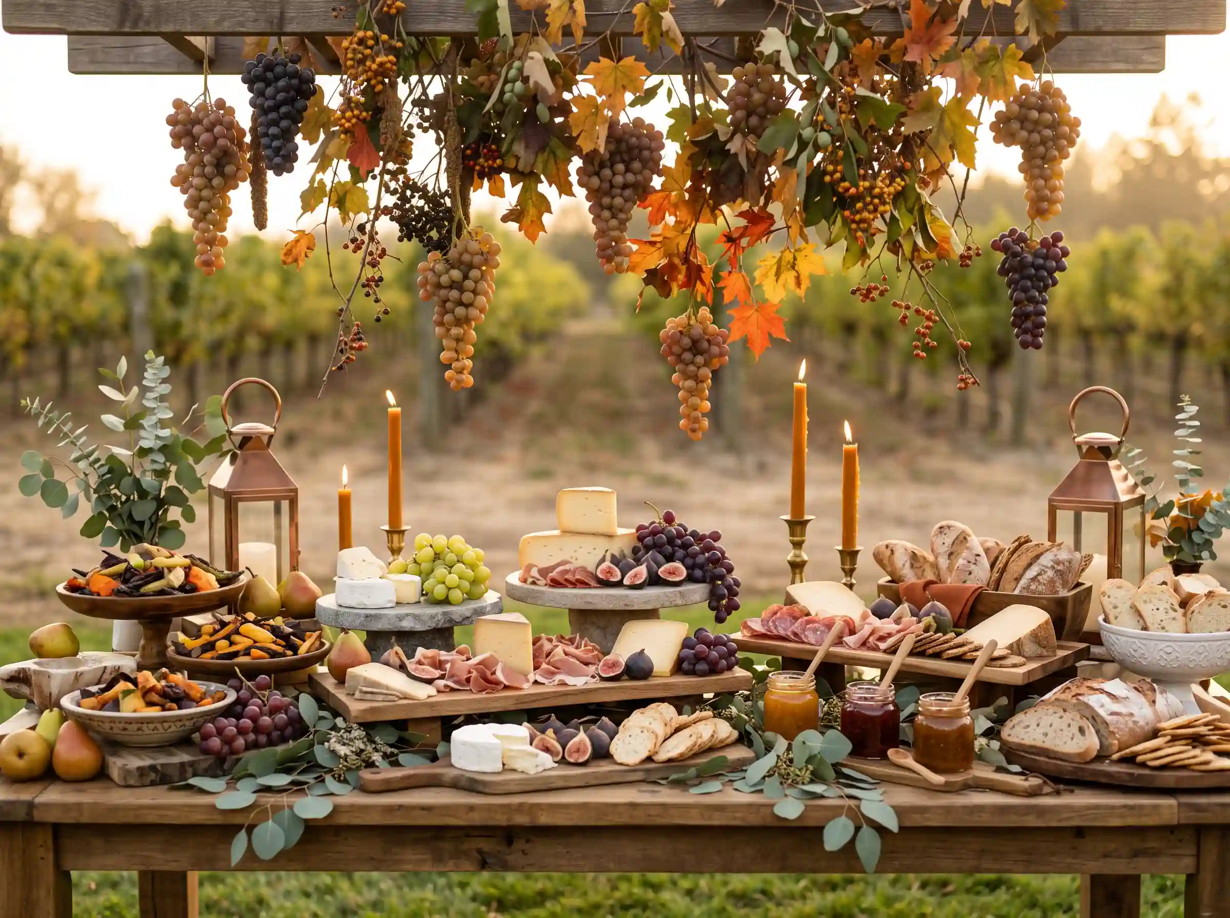 Rustic harvest grazing table with artisan cheeses cured meats figs and grapes at fall wedding reception