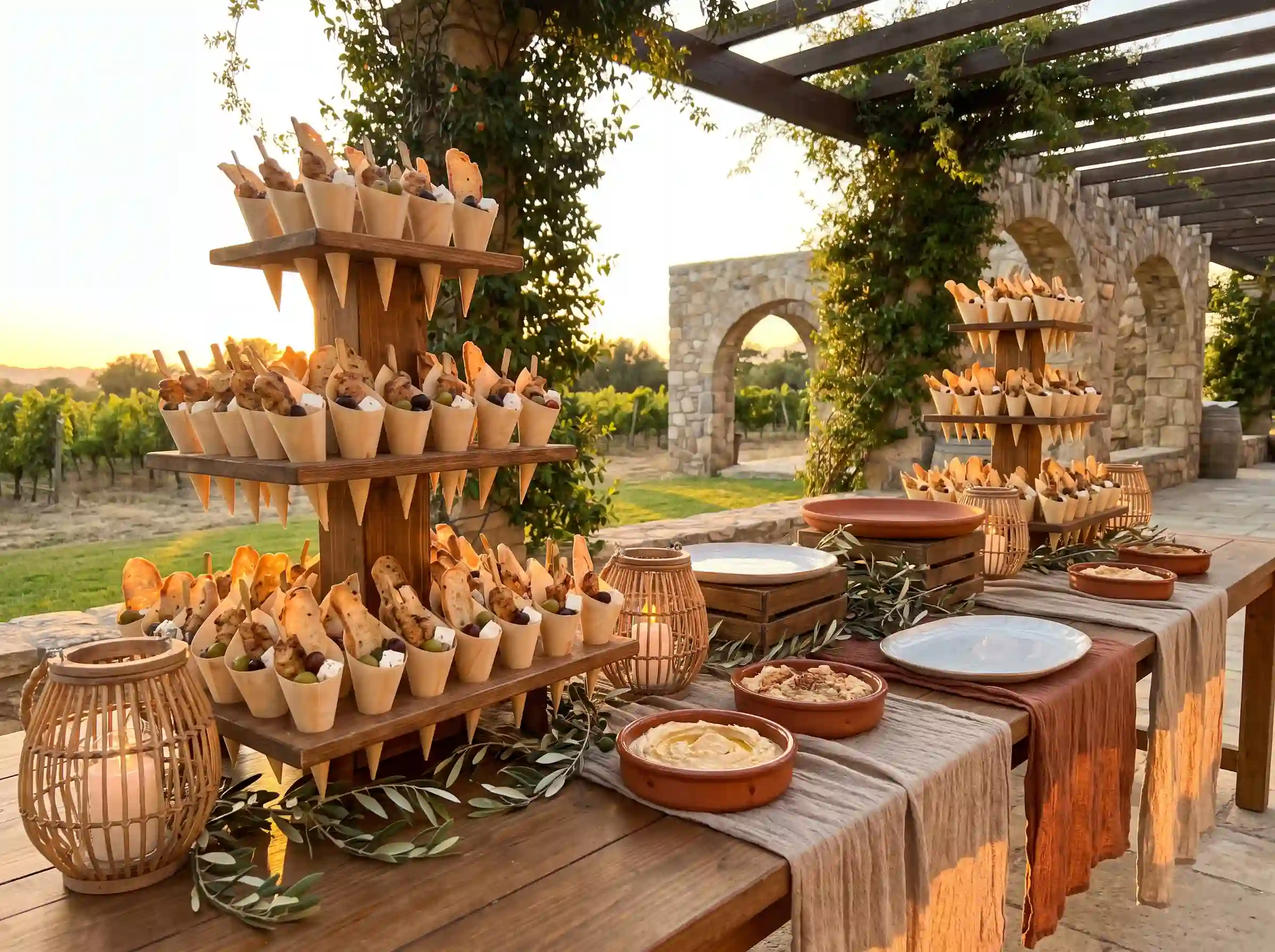Mediterranean grazing cones displayed in wooden towers with olive branches and warm candlelight at a wedding buffet
