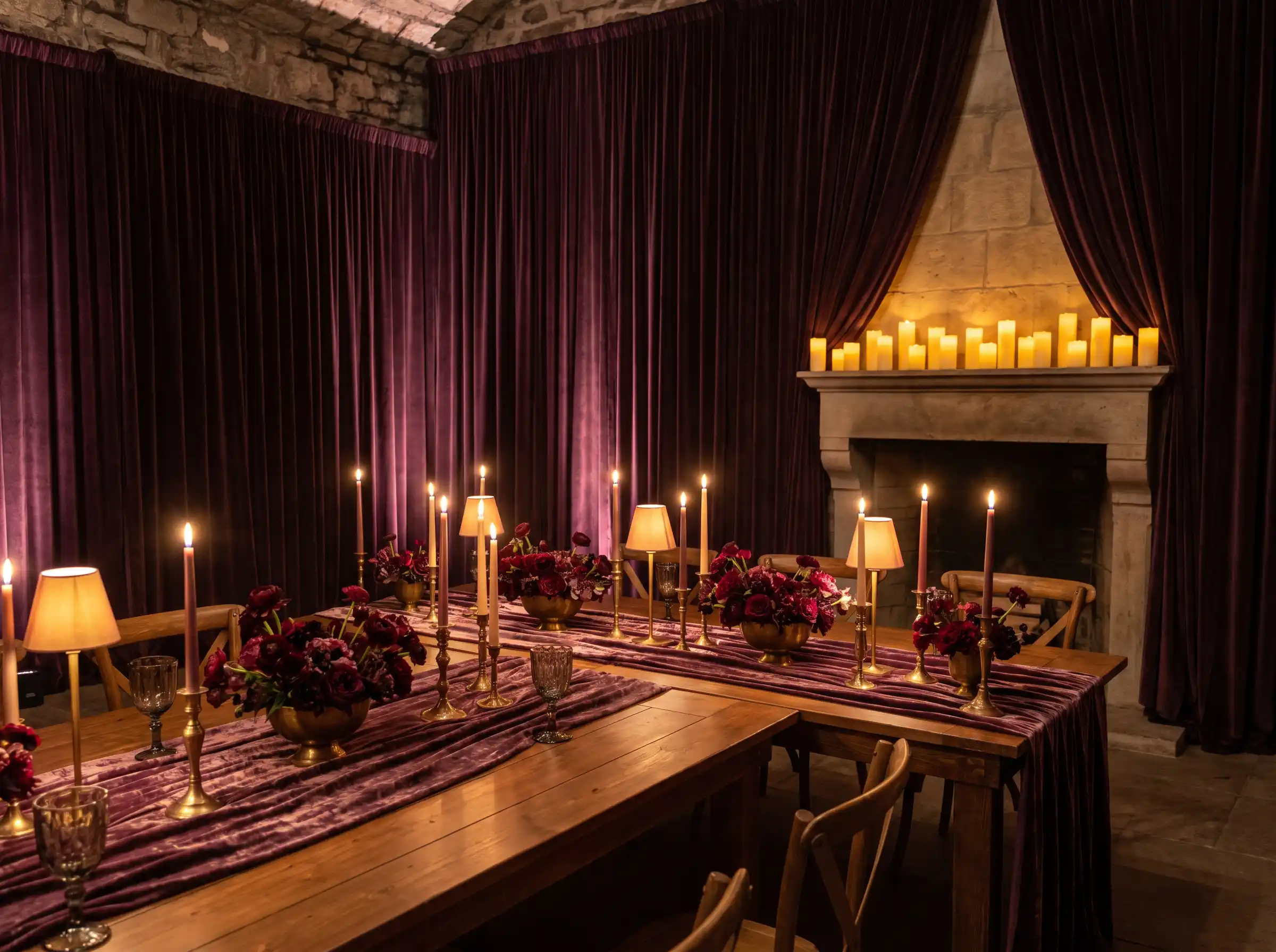 Candlelit wedding supper table in a dark moody cellar with warm amber glow