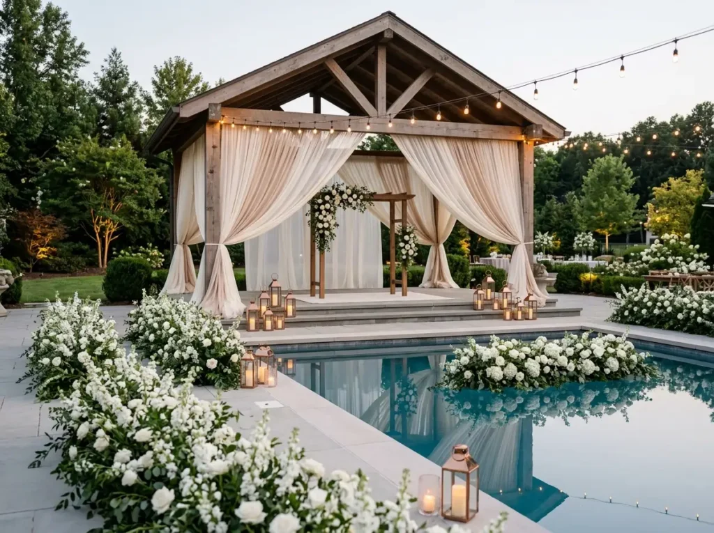 Moonlit Pool Pavilion Inspiration A sophisticate Pool pavilion with floral instal…