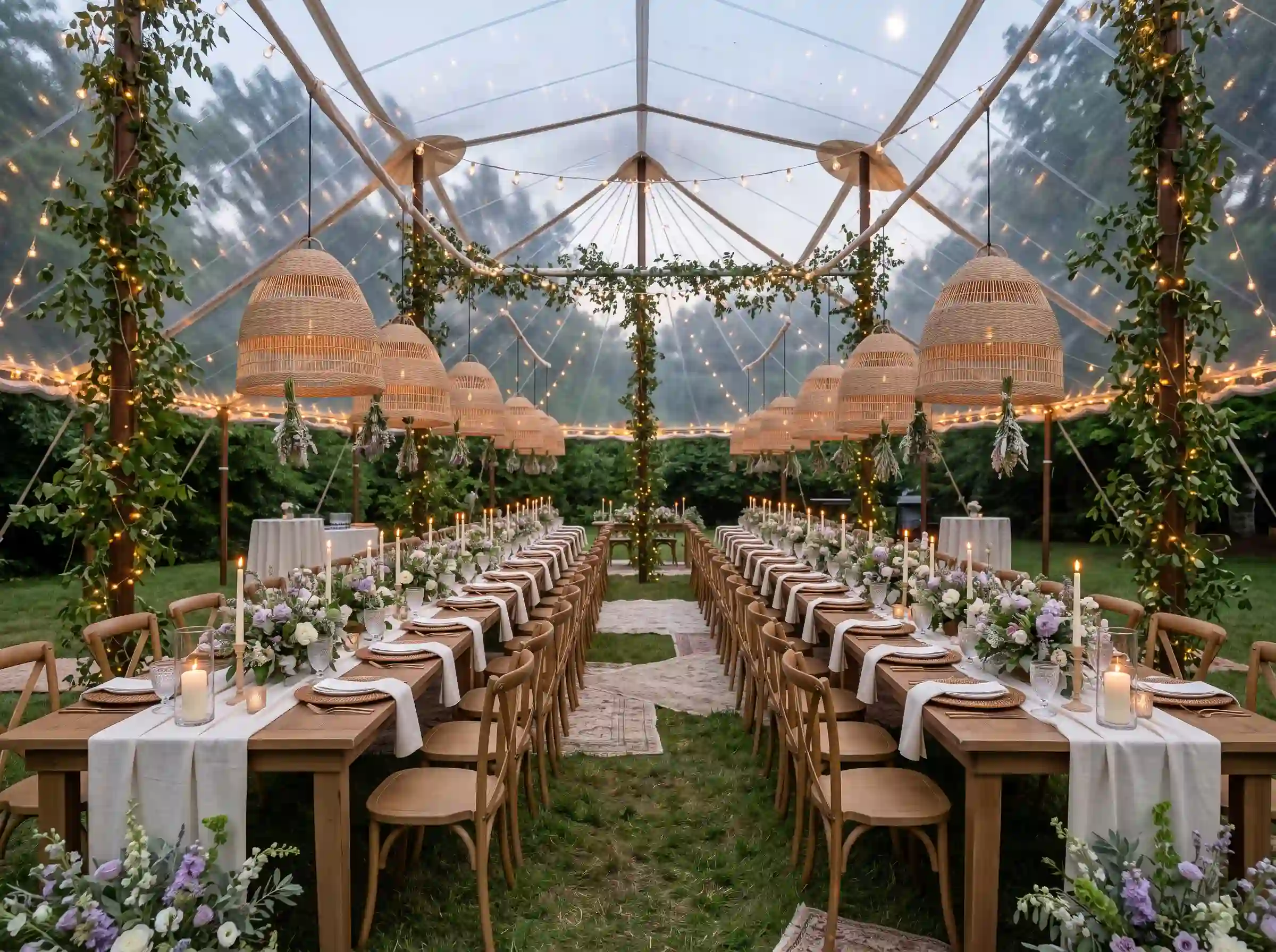 Moonlit rattan garden supper tent with warm pendant lamps and banquet tables under a clear-top canopy