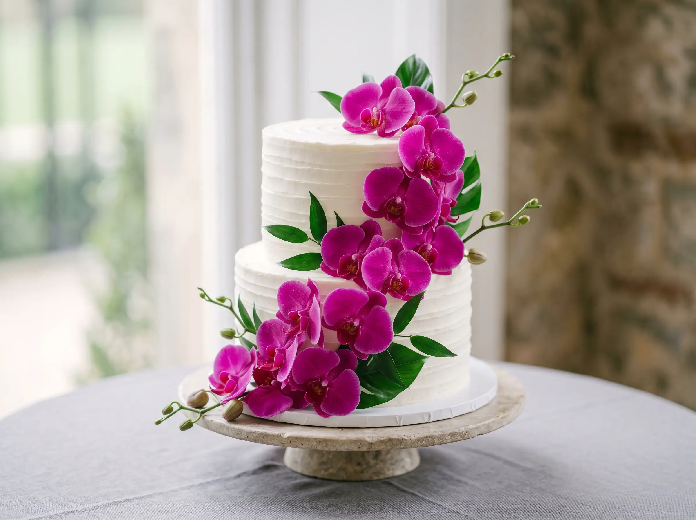 Elegant wedding cake with cascading white orchids flowing down multiple tiers like a waterfall