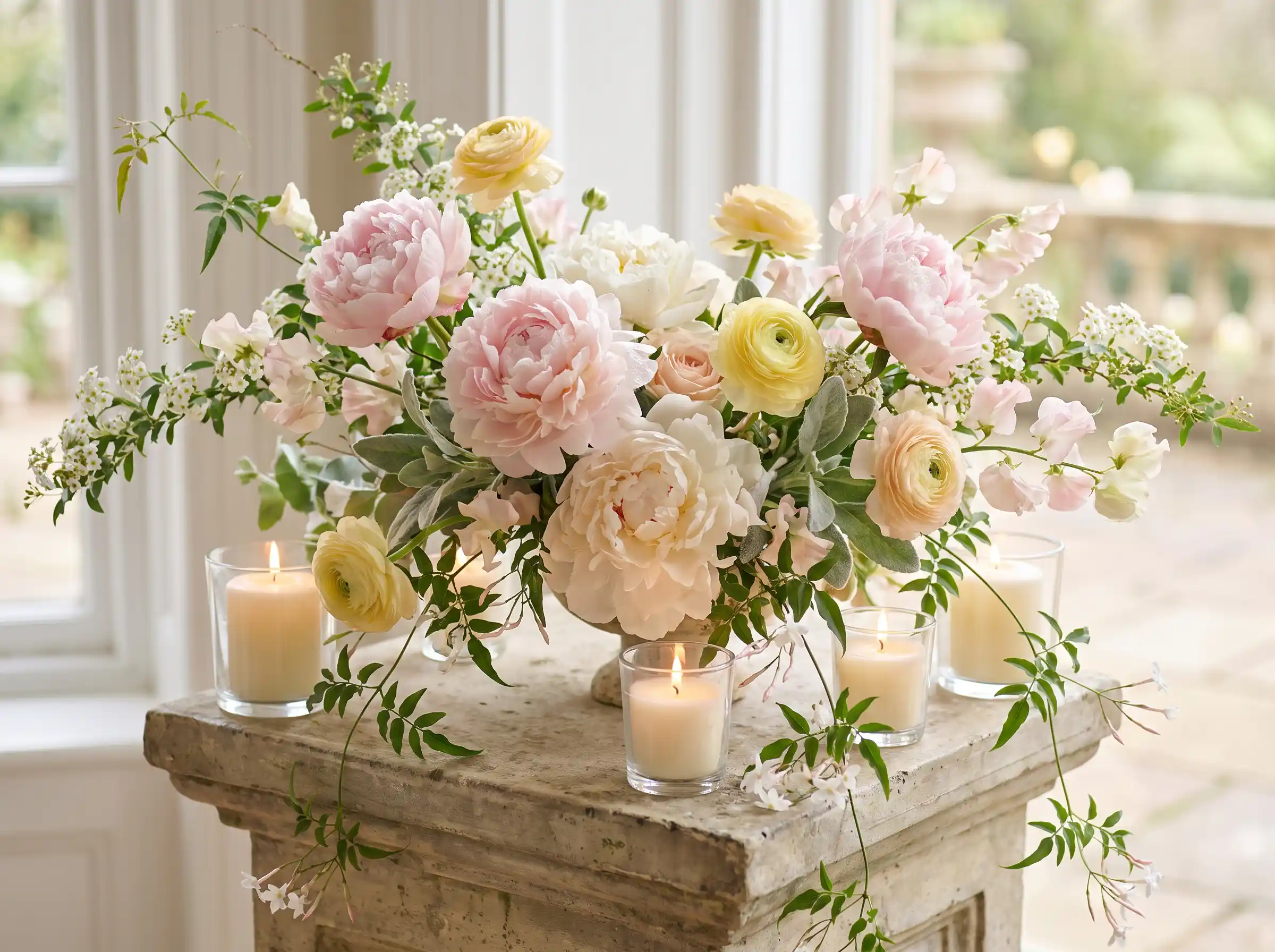 Lush peony garden romance wedding arrangement with blush pink ivory and sage blooms in candlelight