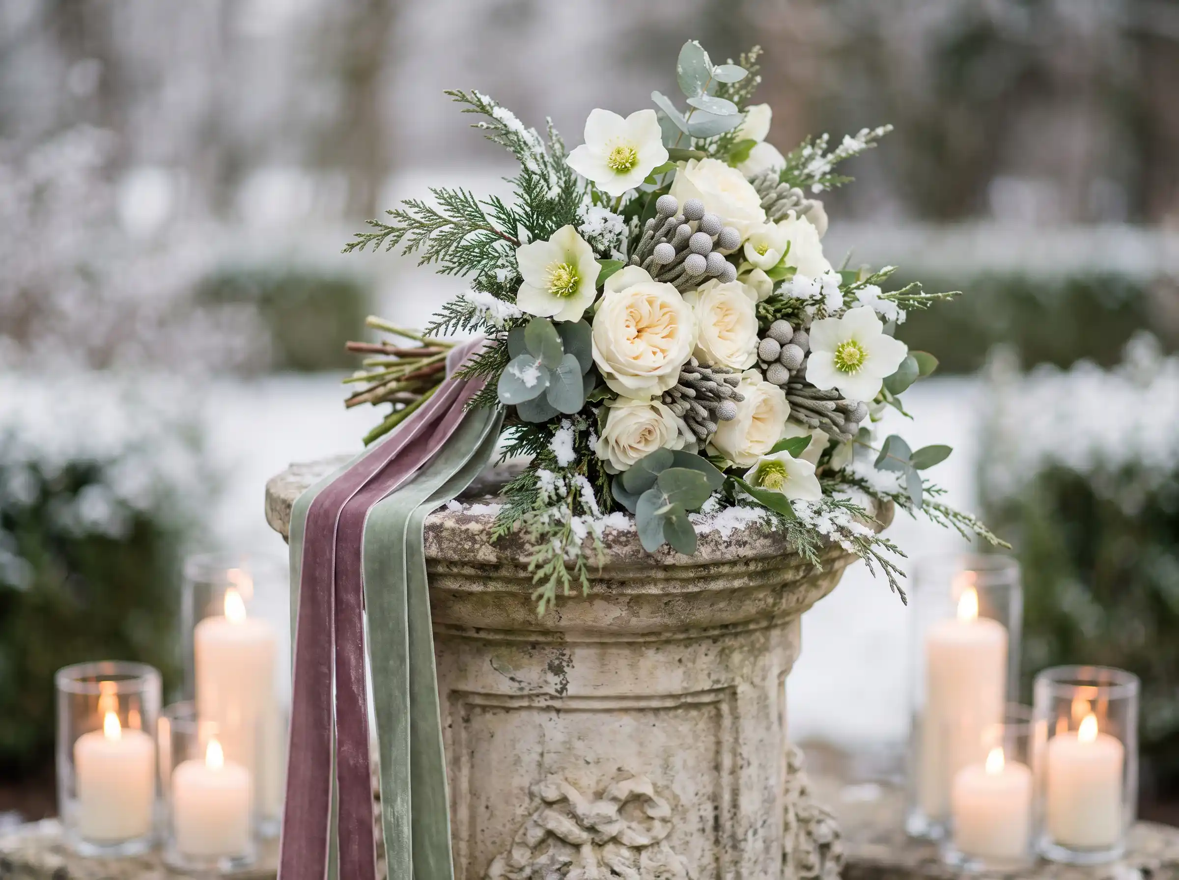 Elegant winter bridal bouquet with creamy white hellebores garden roses and silver brunia