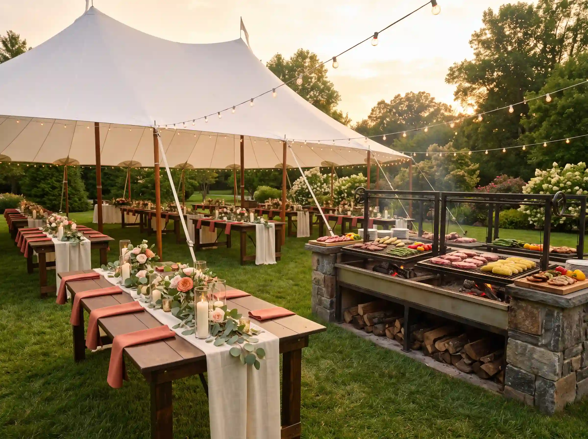 Elegant Southern smokehouse wedding reception with farmhouse tables and open wood-fired grill station