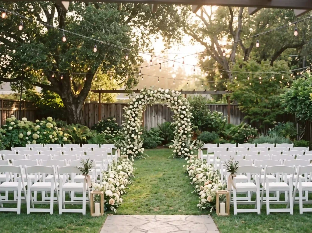 Sunset String Light Garden Ceremony Inspiration Sunset garden ceremony string li…