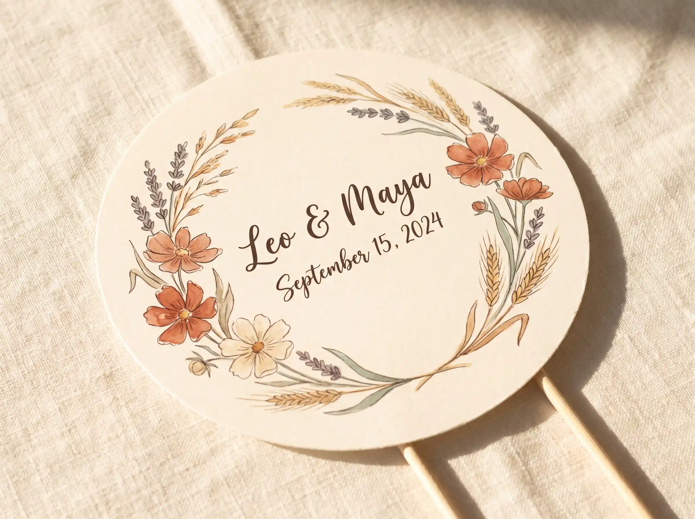 Bohemian wildflower wreath cake topper with terracotta and sage calligraphy names