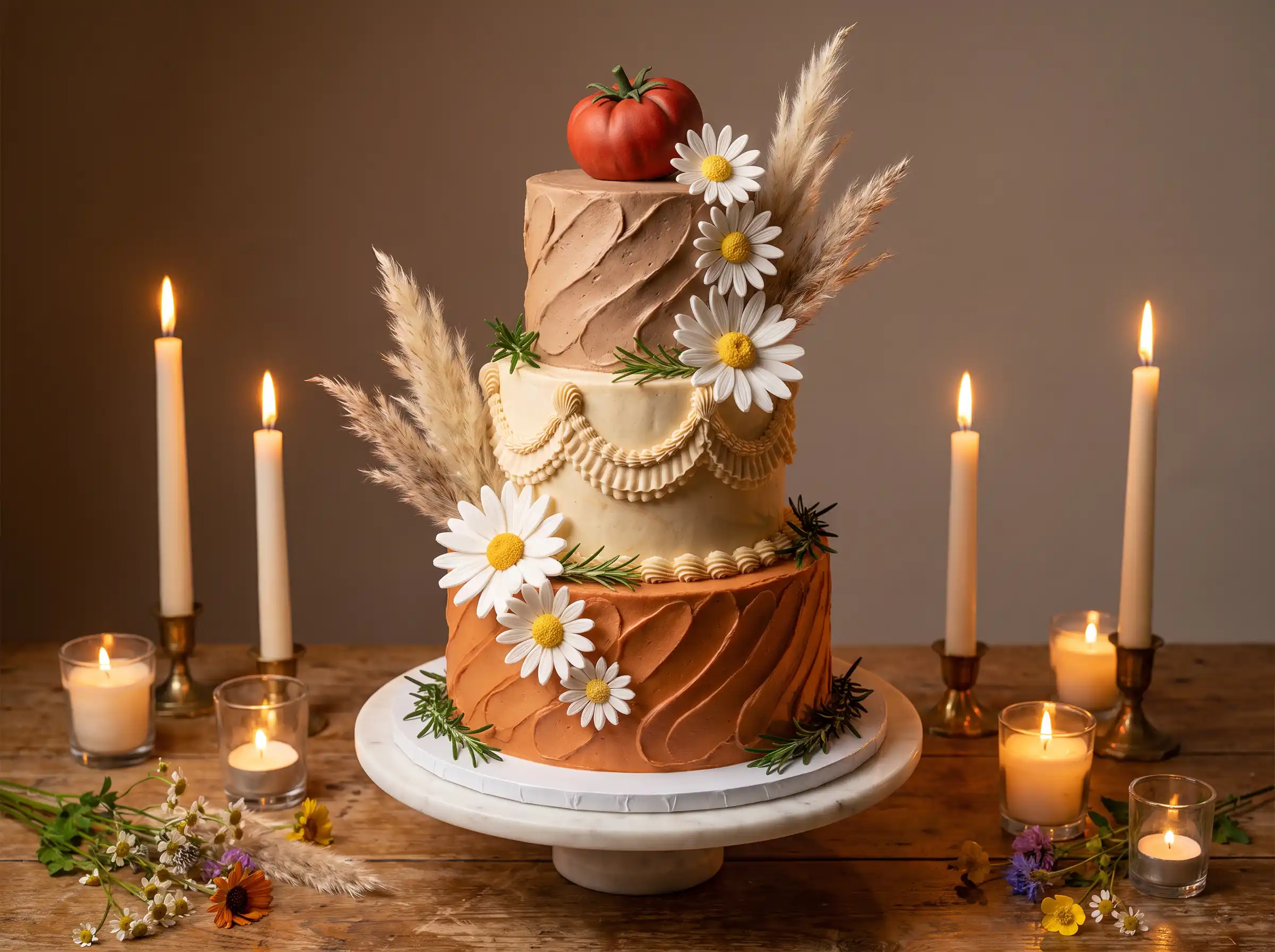 Three-tier whimsical wedding cake with palette-knife buttercream and cascading wildflowers in warm candlelight