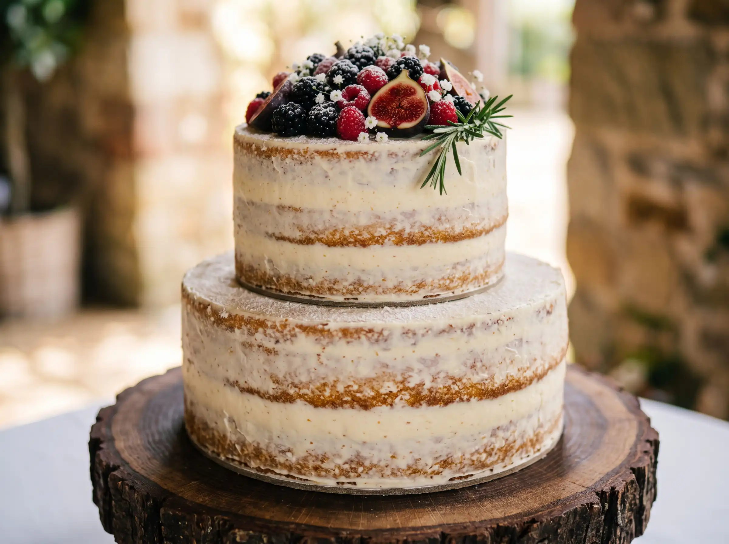 Two-tier semi-naked wedding cake topped with fresh blackberries raspberries figs and wildflowers on wood slice