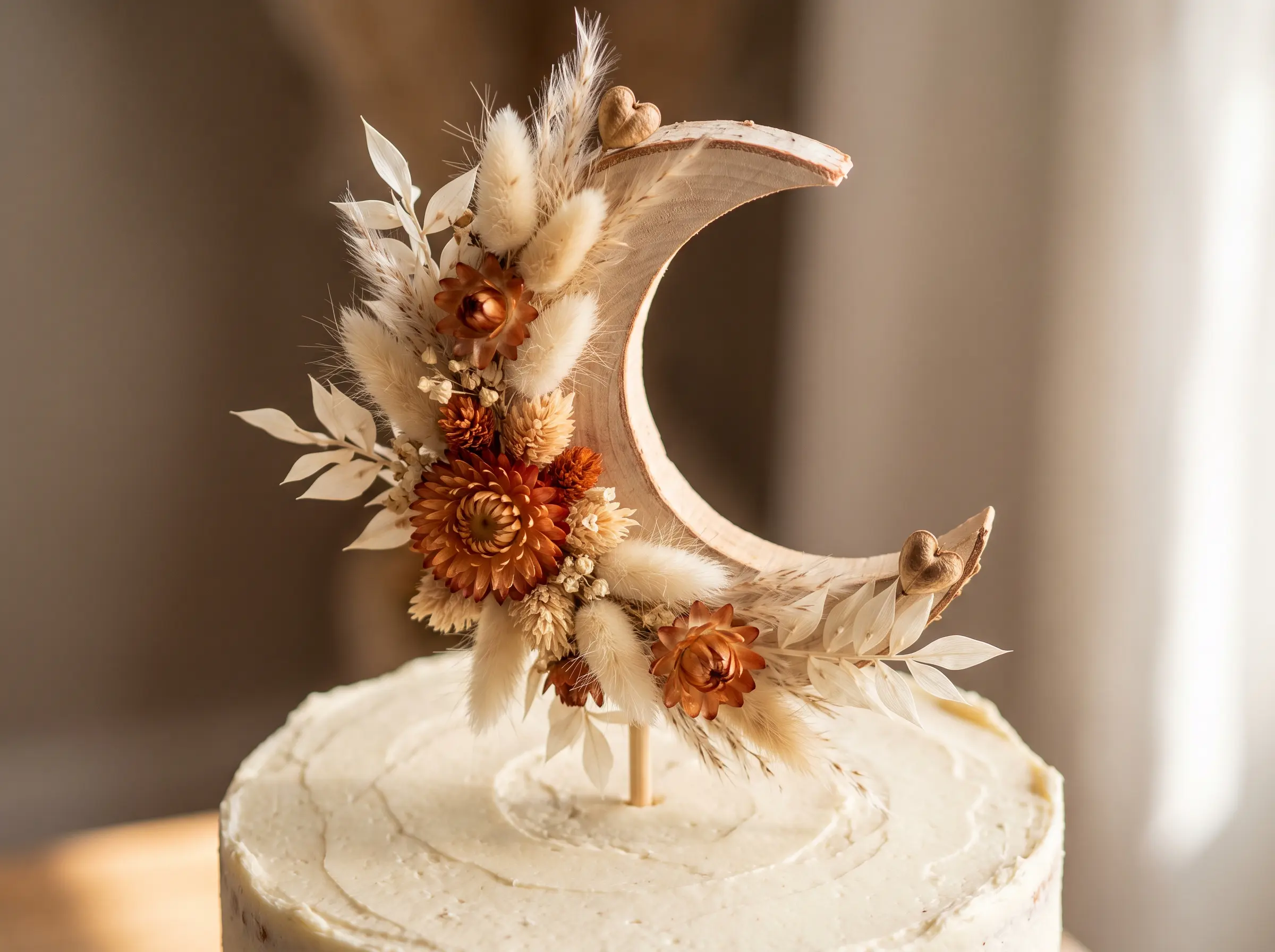 Wooden crescent moon cake topper wrapped in dried bunny tails and rust strawflowers on white cake