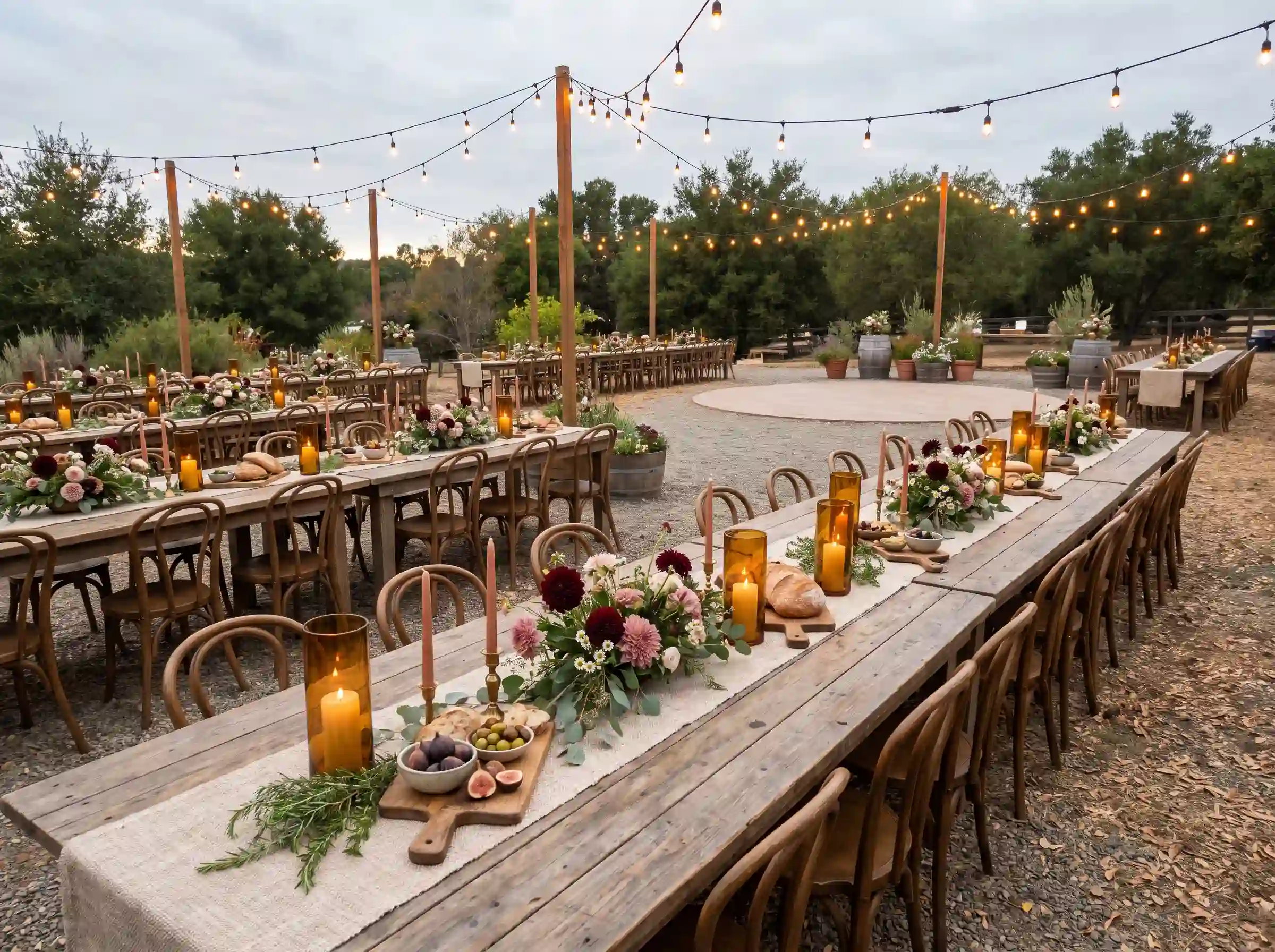 Rustic backyard wedding reception with long harvest tables, taper candles, and meadow floral arrangements