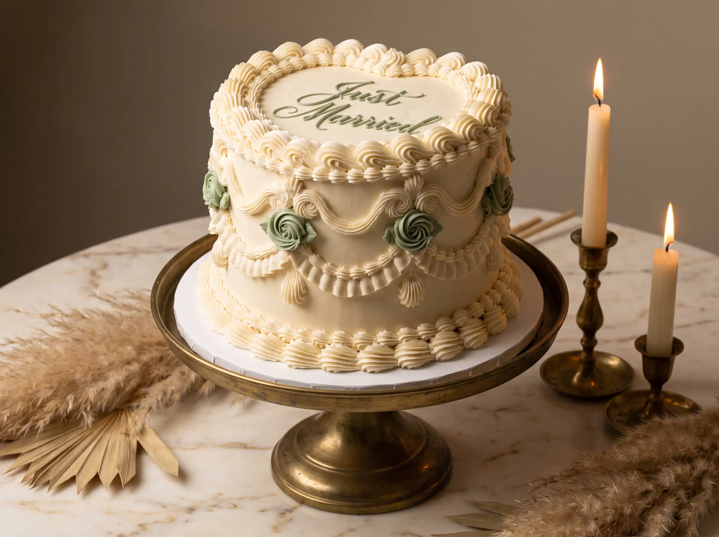 Ivory single-tier Lambeth wedding cake with piped scrolls, swags, and Just Married script topper