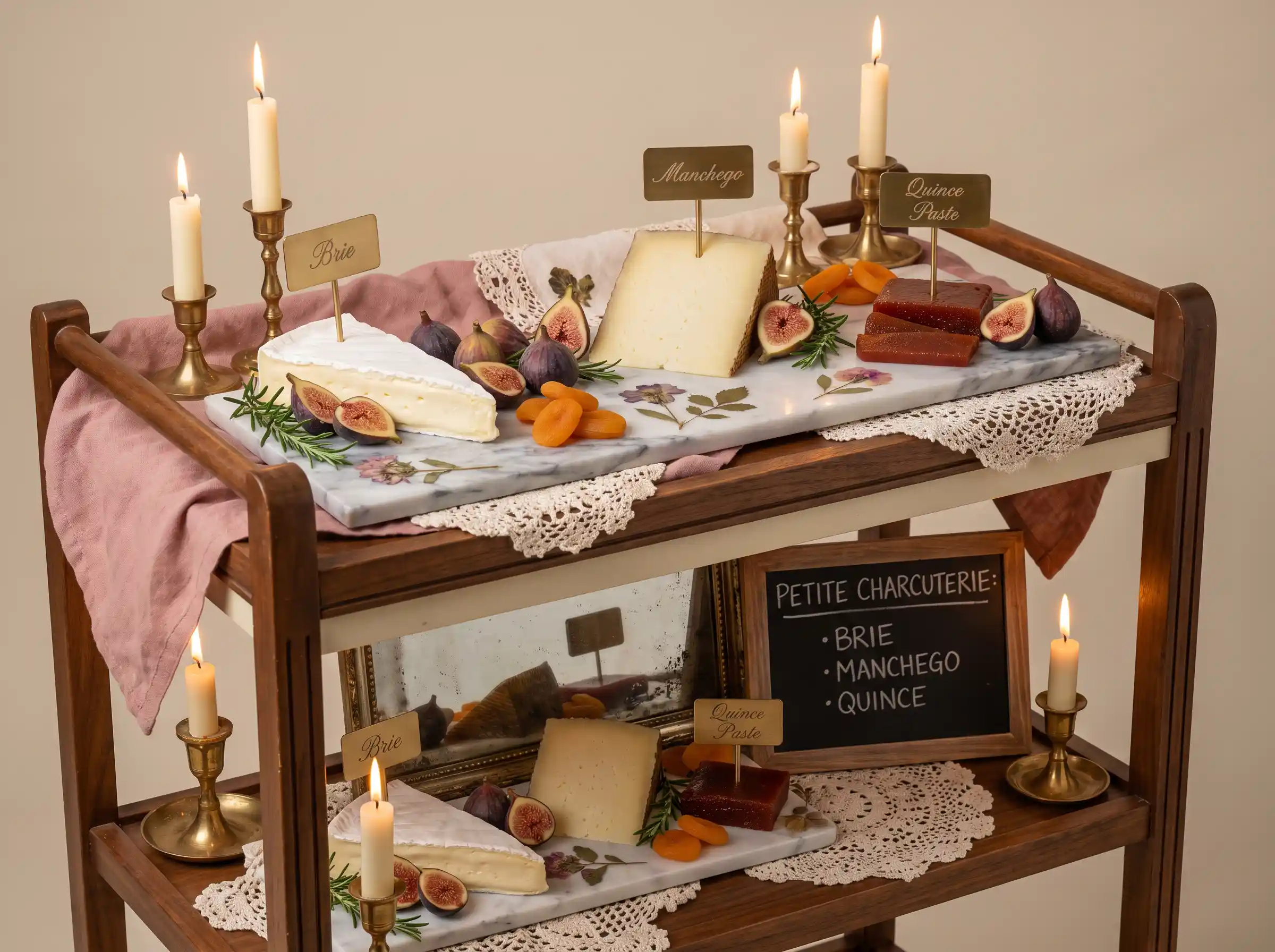 Vintage two-tiered cart with brie manchego figs and brass cheese markers for intimate wedding charcuterie display