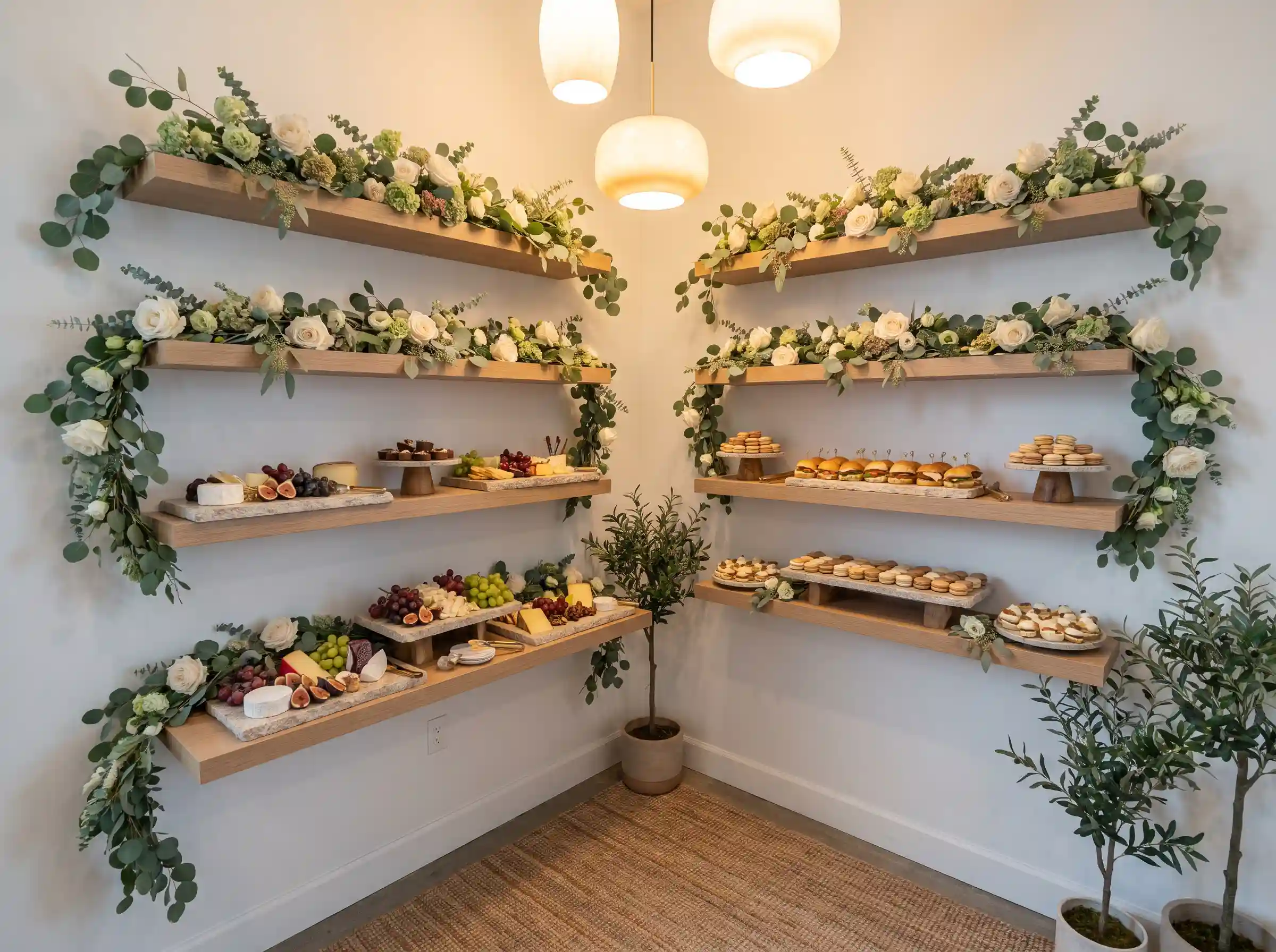 Vertical garden grazing wall with oak shelves displaying artisan cheeses and eucalyptus garlands
