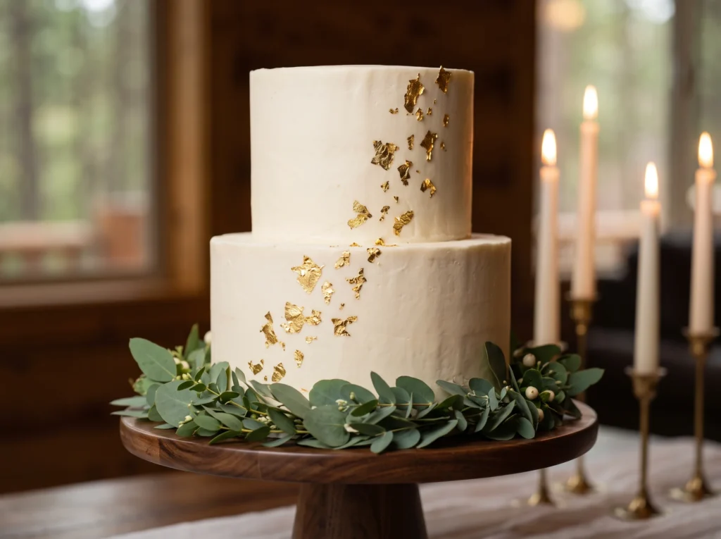 Woodland Buttercream Elegance Inspiration Inspir Woodland cake with gold leaf