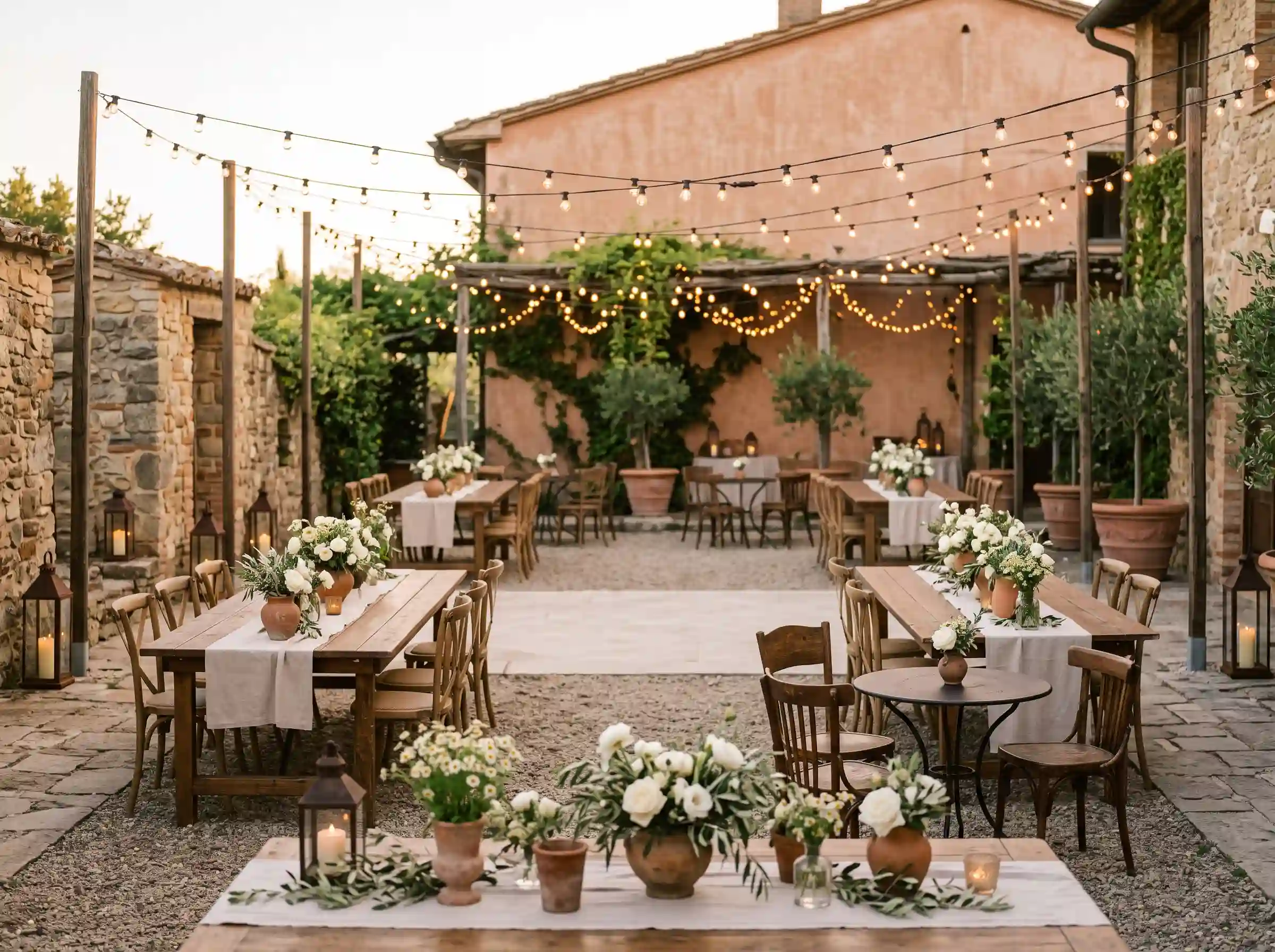 Courtyard wedding reception with warm bistro string lights glowing above elegant dinner tables at dusk