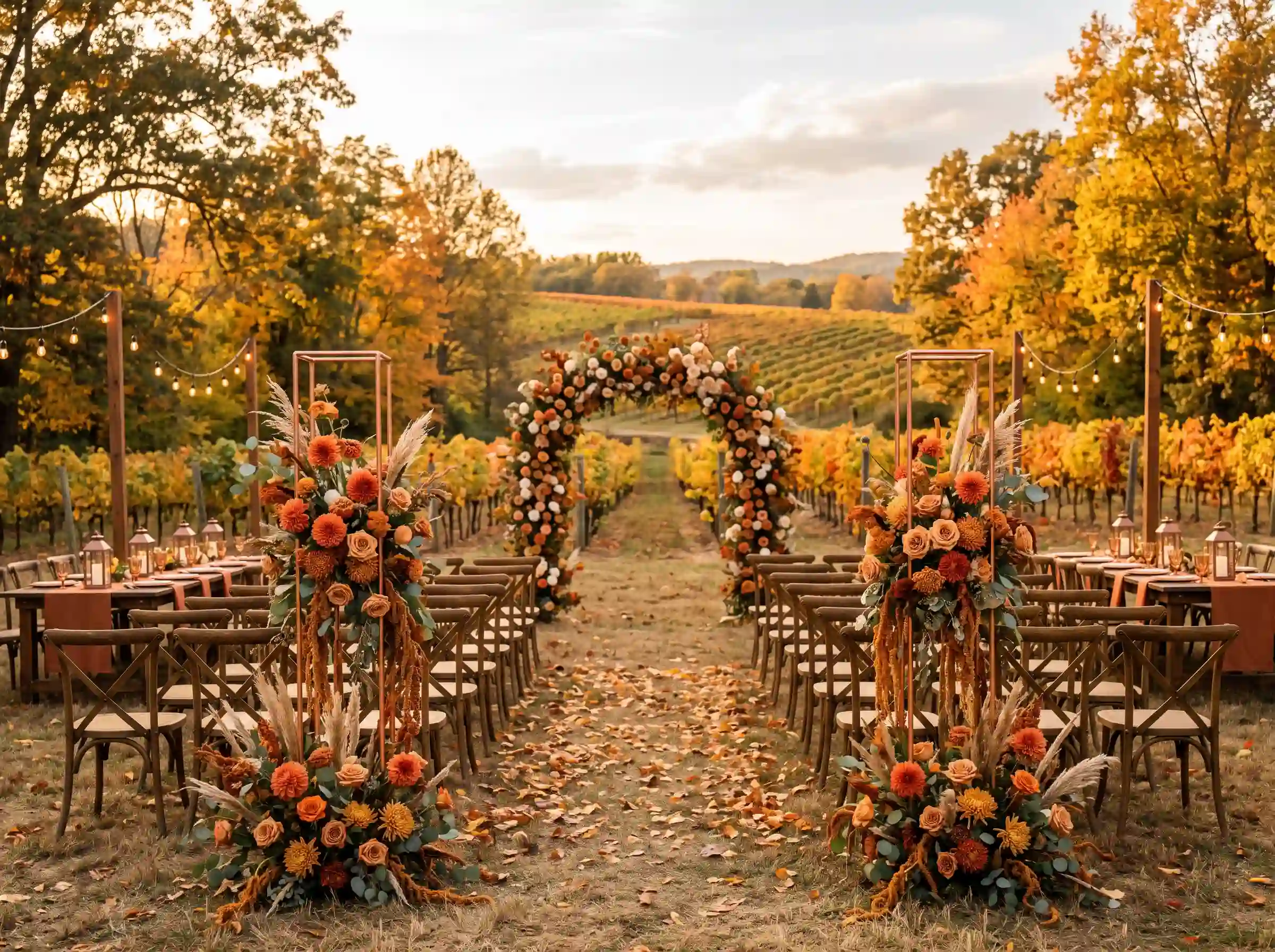 Autumn vineyard wedding with burnt orange dahlias and copper accents among fall foliage