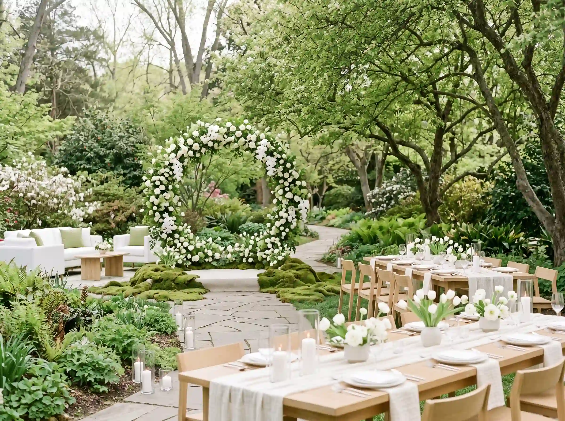 Botanical garden wedding with pistachio green setting and white circular floral arch on moss bed
