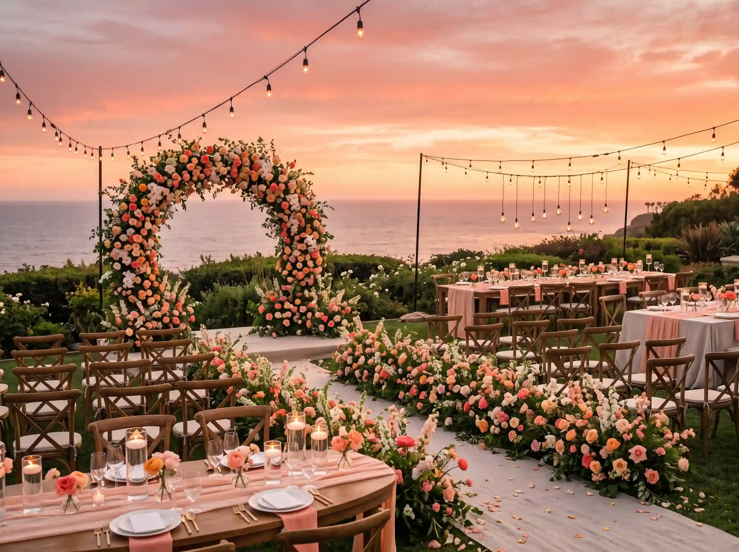 Ocean cliff wedding at sunset with circular coral and peach floral arch and string lights