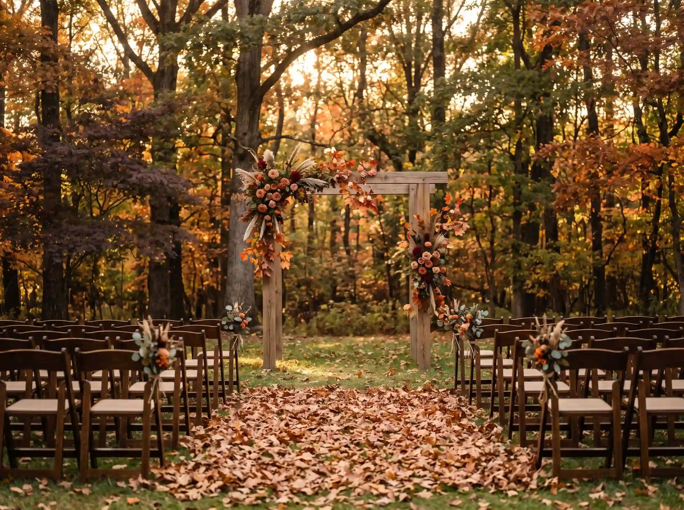 Rustic wooden wedding arbor with autumn flowers and fallen leaves in a golden woodland clearing