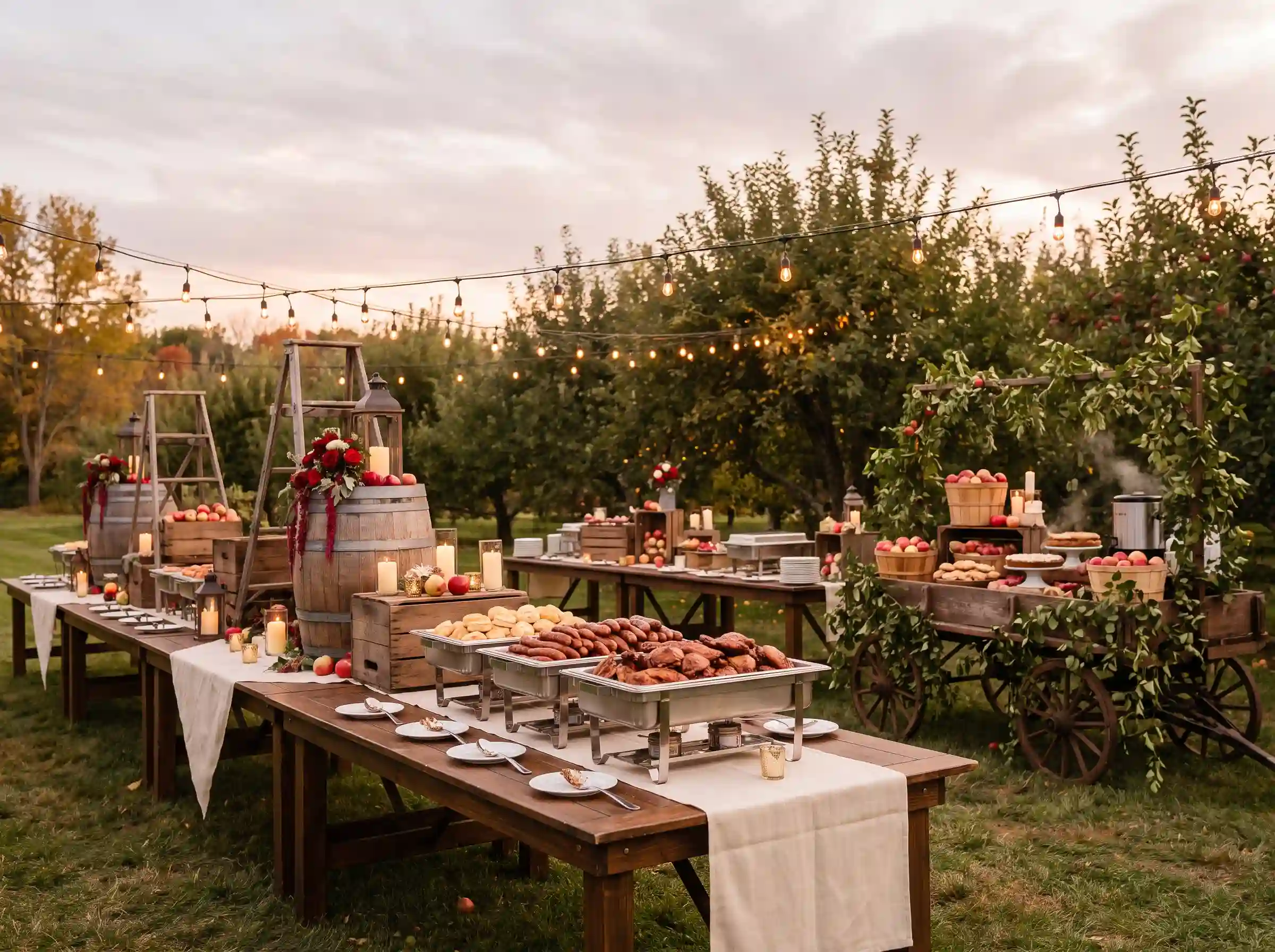 Apple orchard themed BBQ wedding buffet with vintage crates and cider barrel dessert station