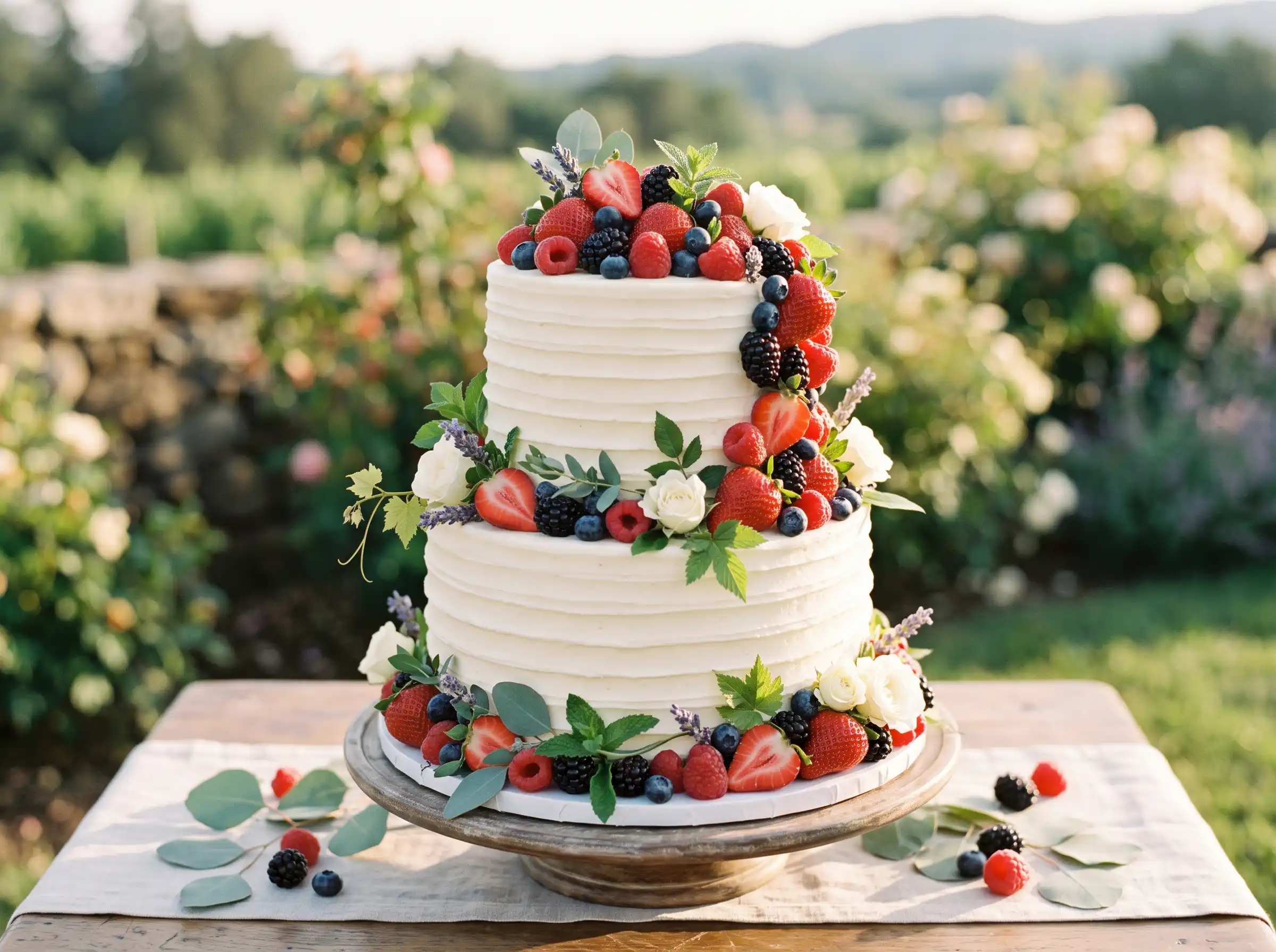 Romantic wedding cake overflowing with fresh seasonal berries and soft buttercream frosting