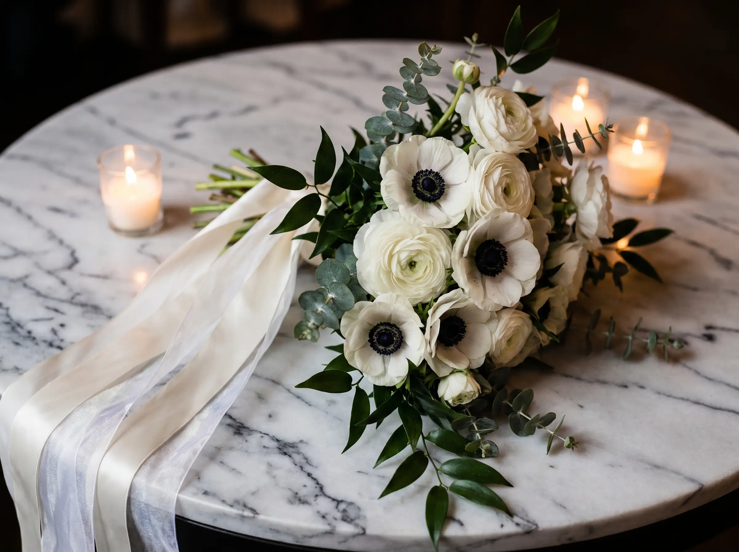 Romantic white anemone bouquet with striking black centers and flowing silk ribbon