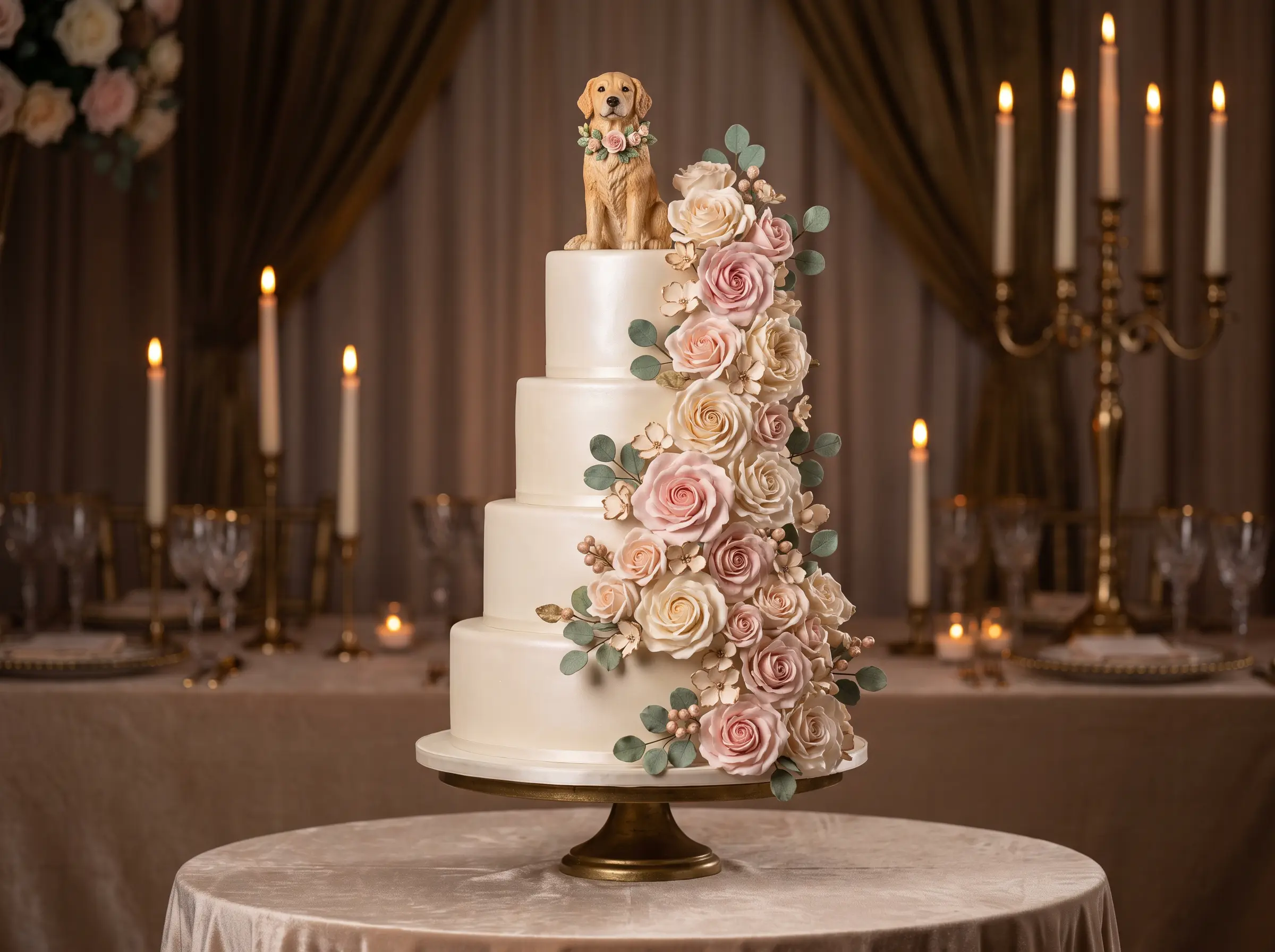 Blush pink wedding cake with golden retriever figurine and blooming floral details