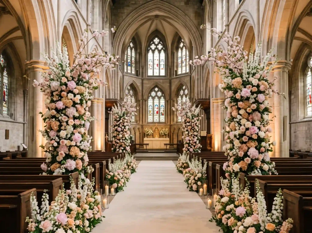 Blush Cathedral Bloom Inspiration Romantic Europ Floral installation framing chur… K