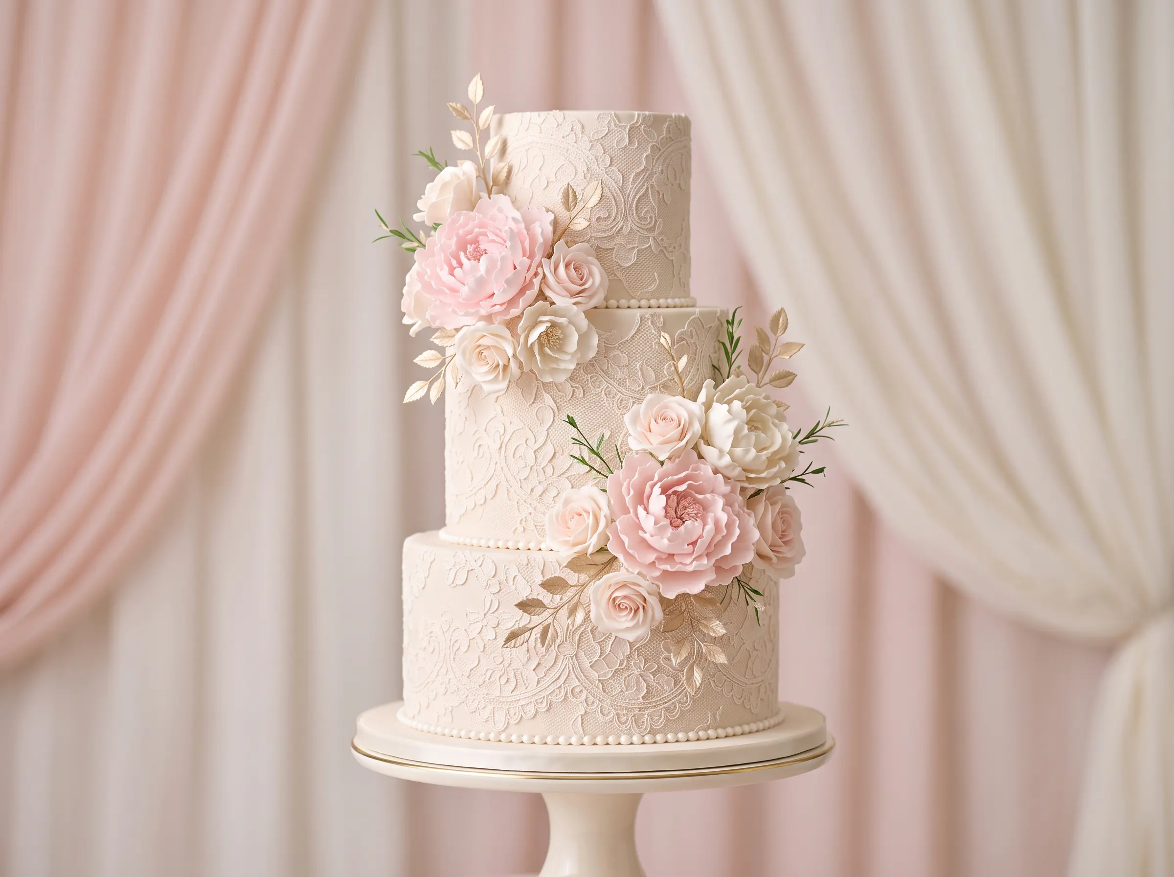 Timeless blush pink wedding cake with intricate heirloom lace piping and vintage romantic details