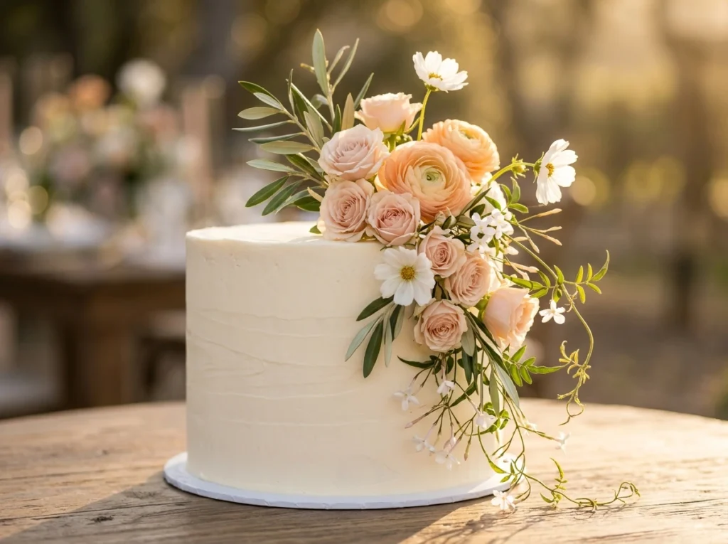 Blush Orchard Bloom Inspiration A romantic orcha Wedding cake with roses and