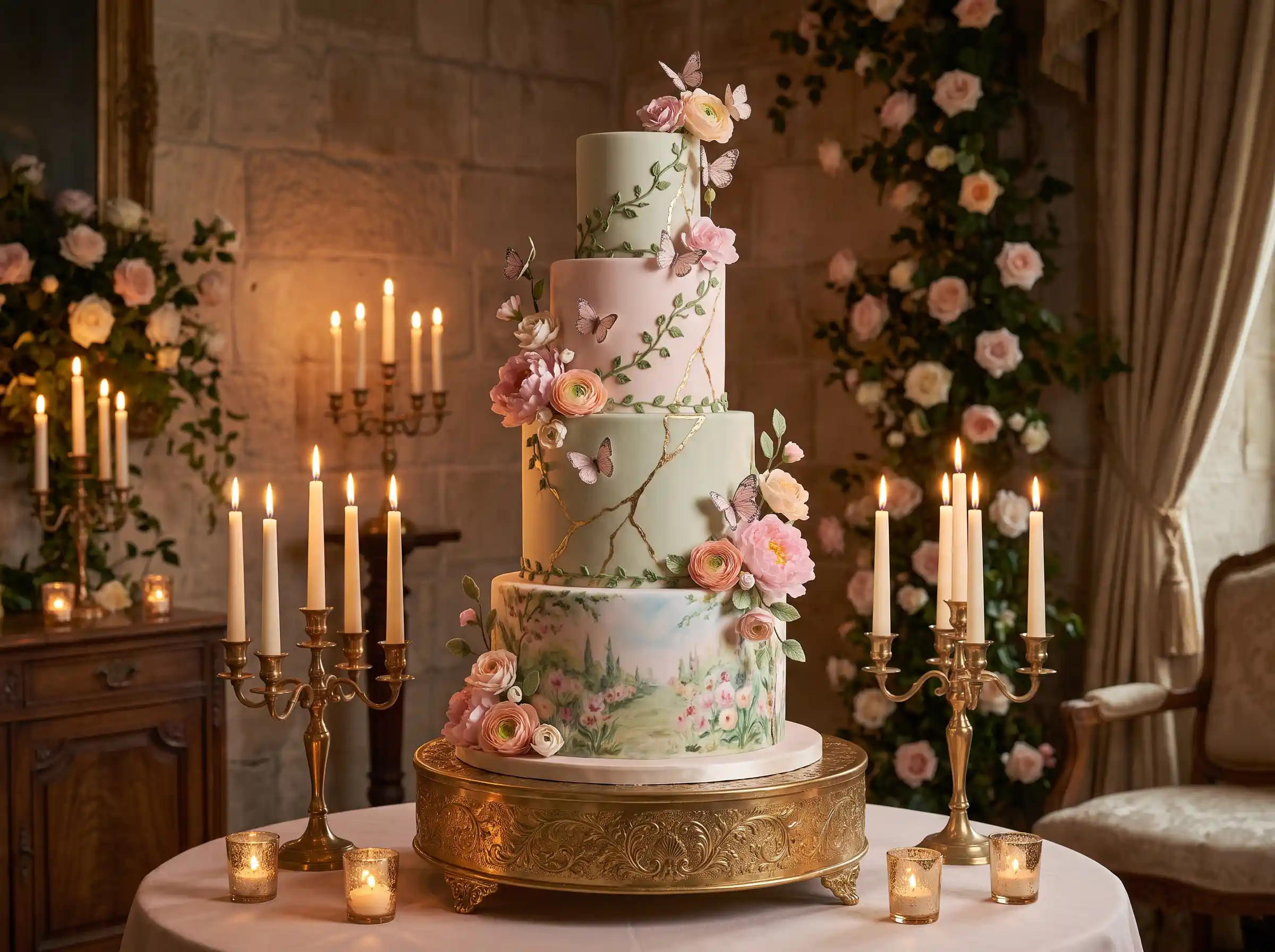 Four-tier Regency-inspired fondant wedding cake with climbing vines sugar butterflies and gold leaf accents