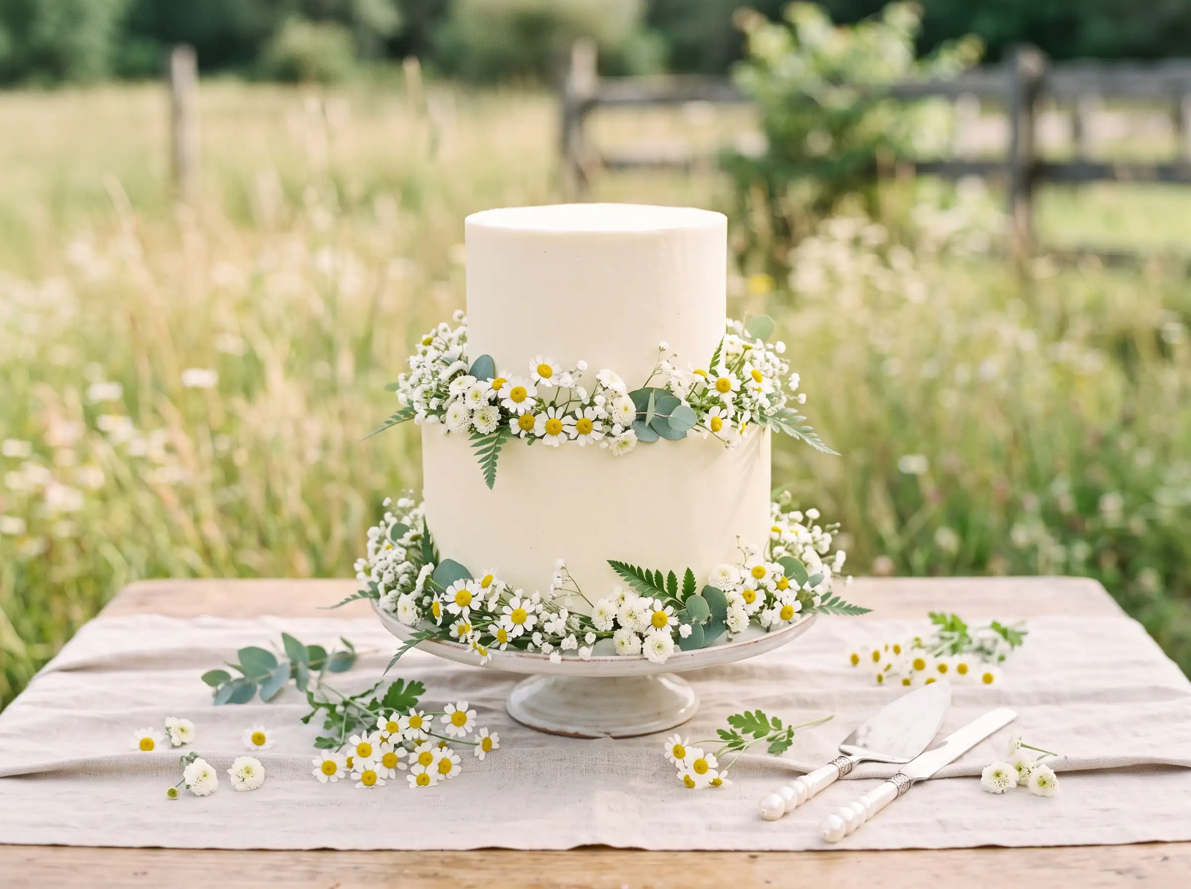 Rustic wedding cake decorated with fresh chamomile daisies and delicate wildflower meadow accents