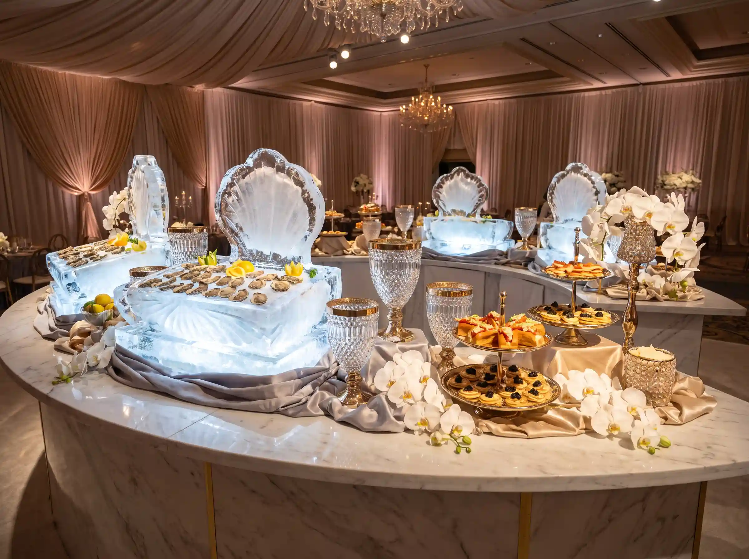 Luxury champagne and oyster bar with carved ice display on marble counter at elegant wedding reception