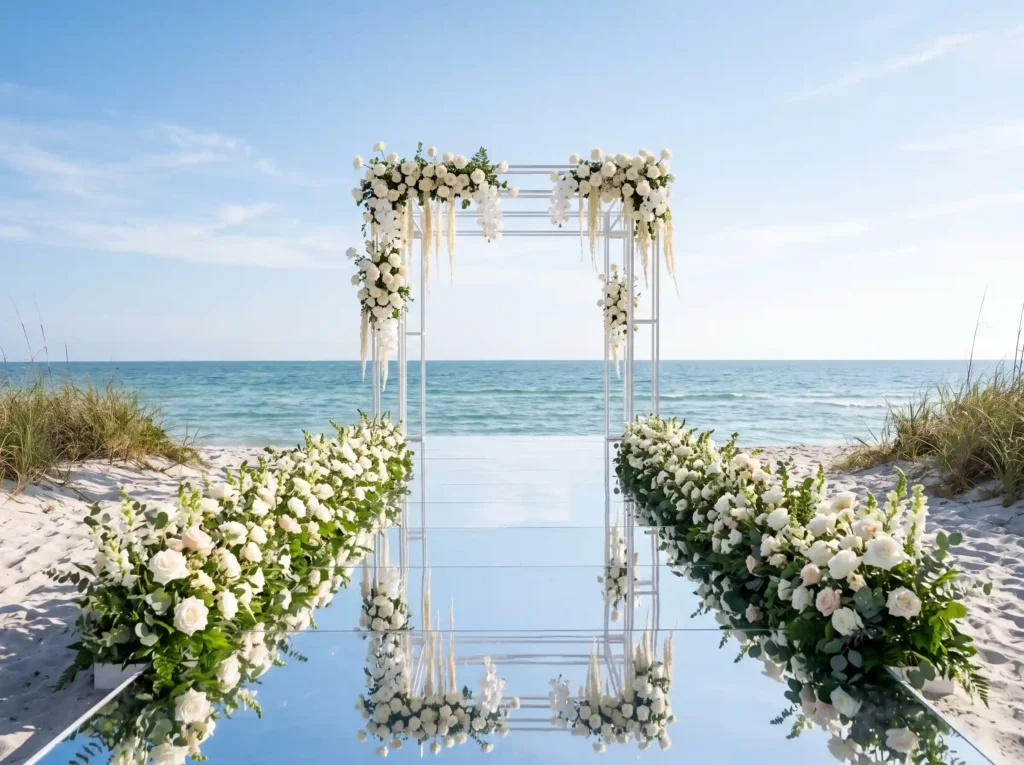Coastal Mirror Aisle Elegance Inspiration Modern Mirrored aisle leading floral ca…