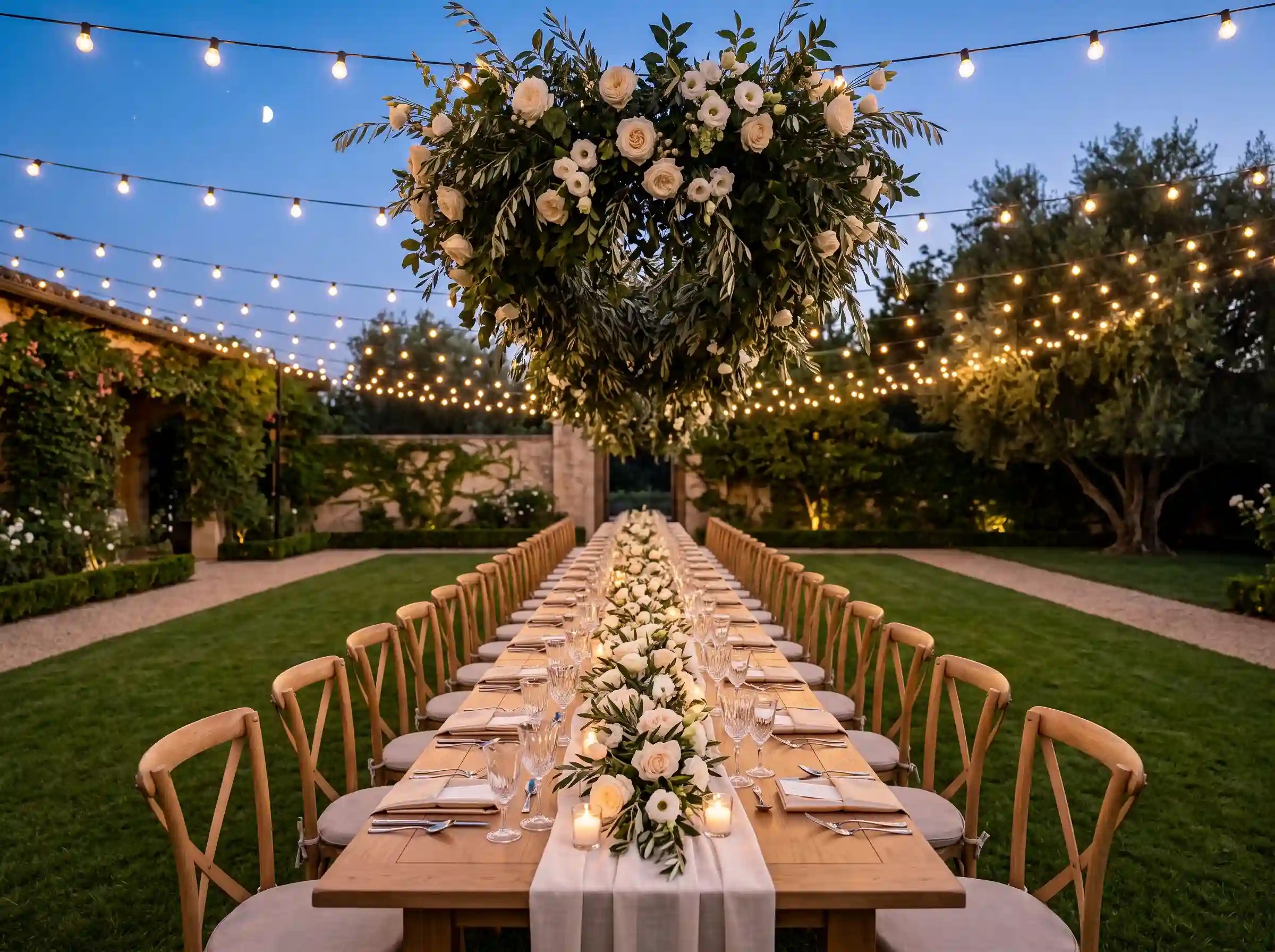 Long farmhouse banquet table under string lights with suspended floral chandelier of olive branches and roses