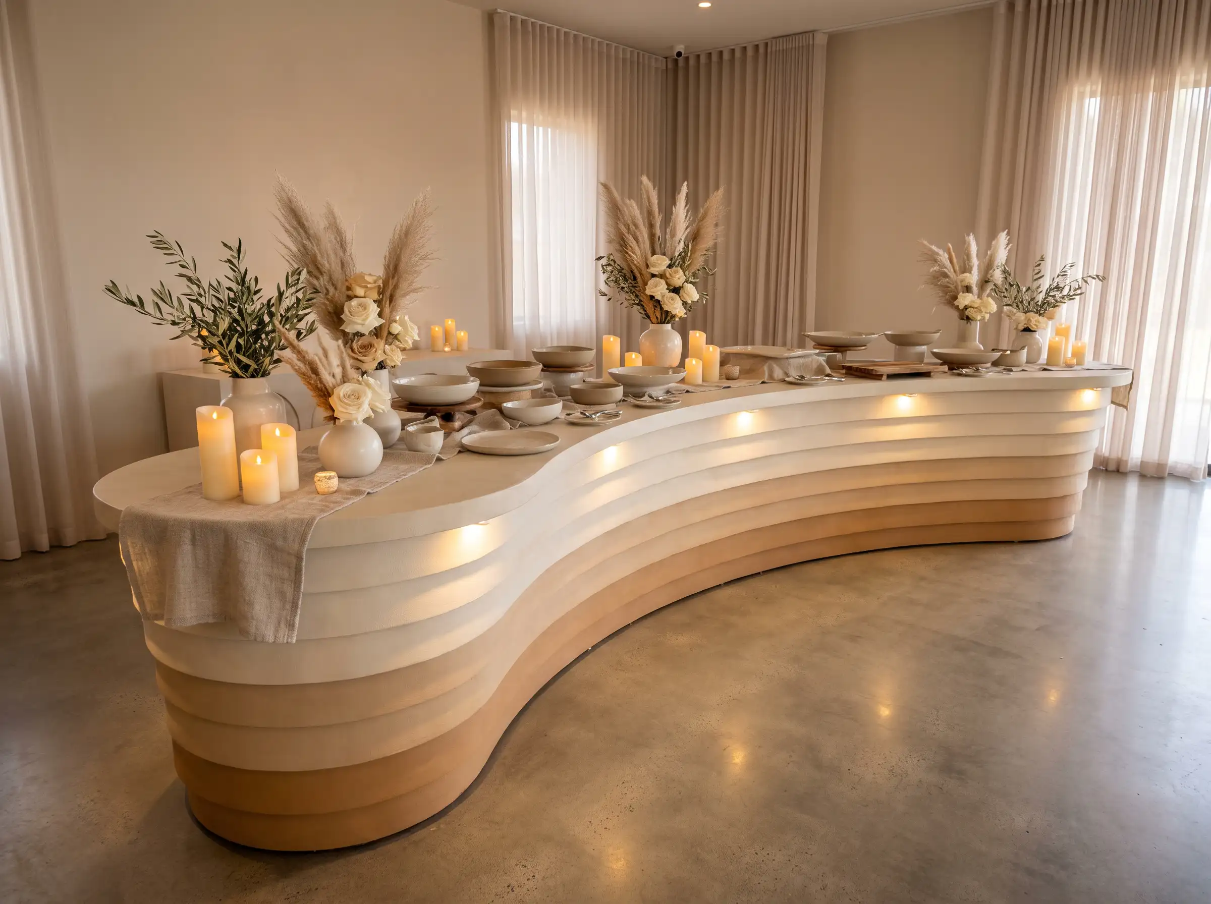 Curved plaster bistro buffet in cream and sand tones with ceramic serving dishes and dried grasses