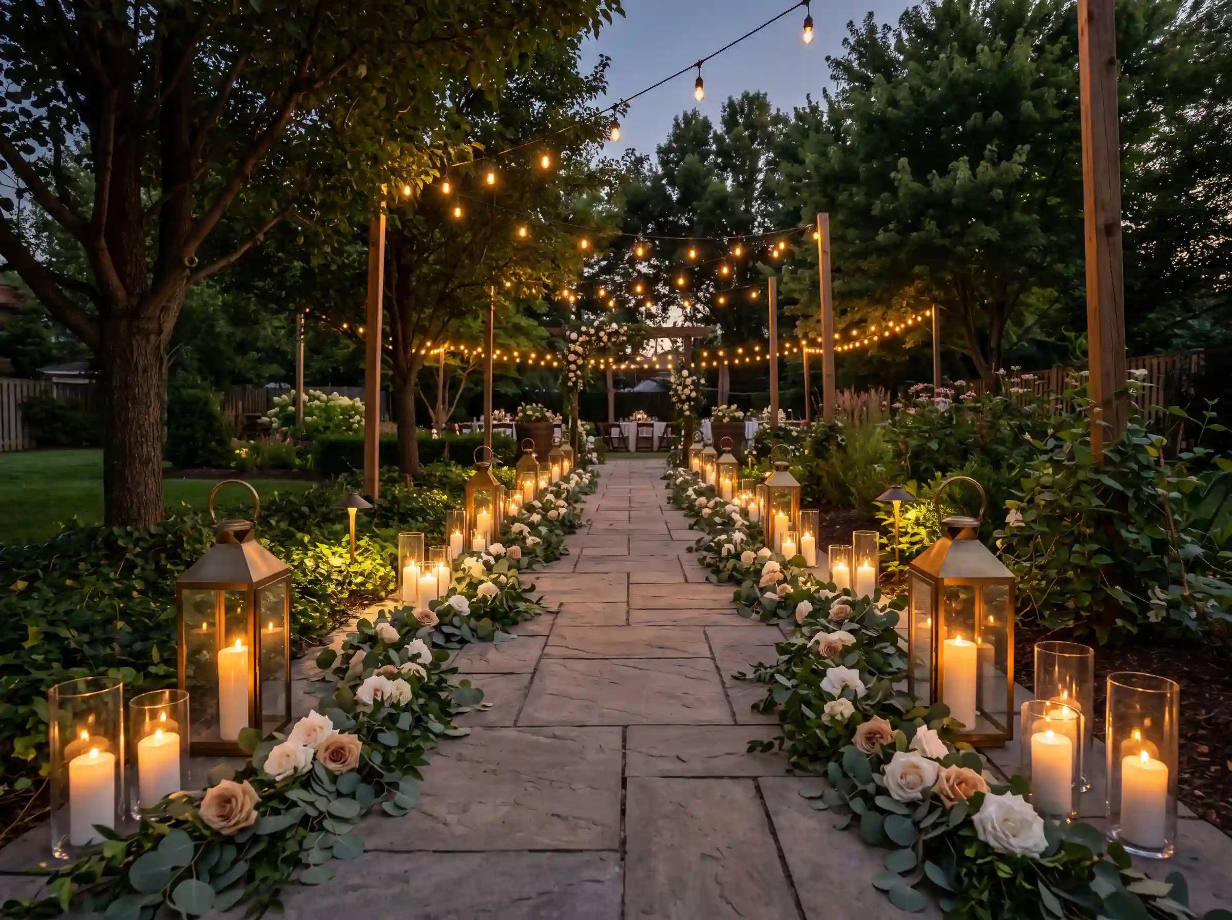 Enchanted mason jar canopy with fairy lights hanging from mature garden trees at evening reception